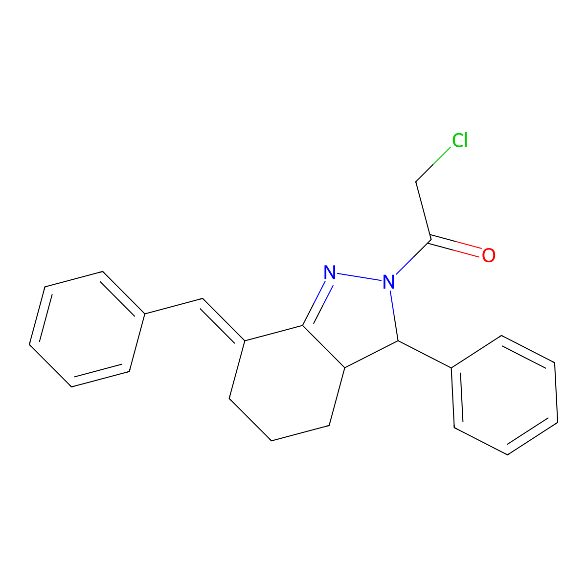 1-(7-Benzylidene-3-phenyl-3,3a,4,5,6,7-hexahydro-indazol-2-yl)-2-chloro-ethanone molecular structure, CAS 83391-21-3