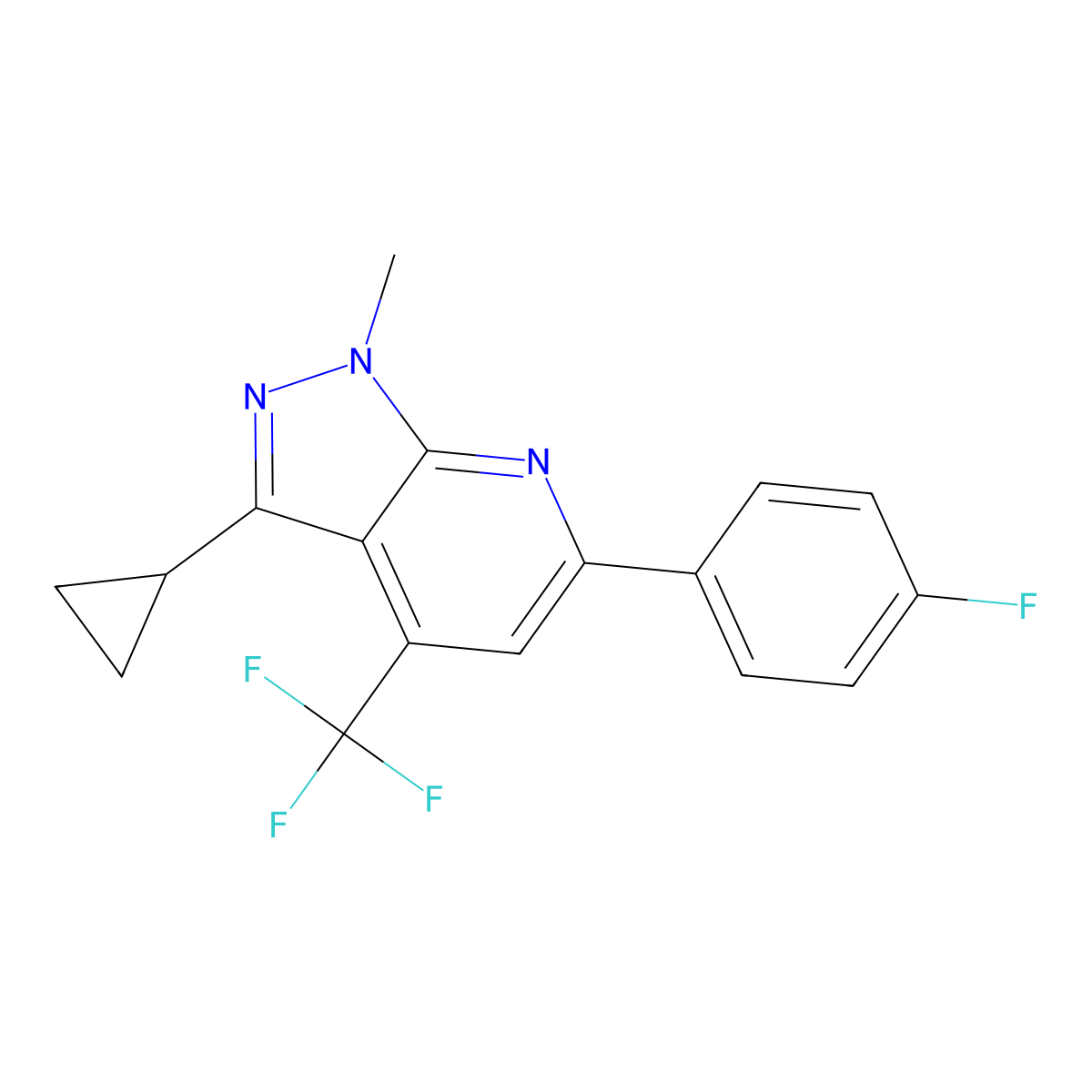 3-cyclopropyl-6-(4-fluorophenyl)-1-methyl-4-(trifluoromethyl)-1H-pyrazolo[3,4-b]pyridine molecular structure, CAS 834896-02-5