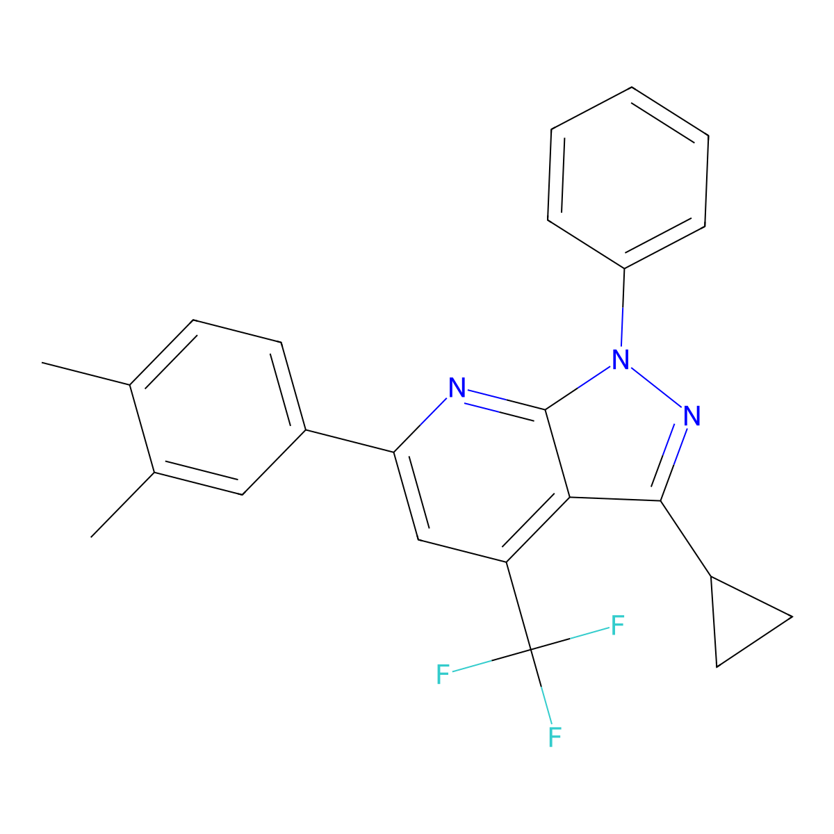 3-cyclopropyl-6-(3,4-dimethylphenyl)-1-phenyl-4-(trifluoromethyl)-1H-pyrazolo[3,4-b]pyridine molecular structure, CAS 834896-09-2