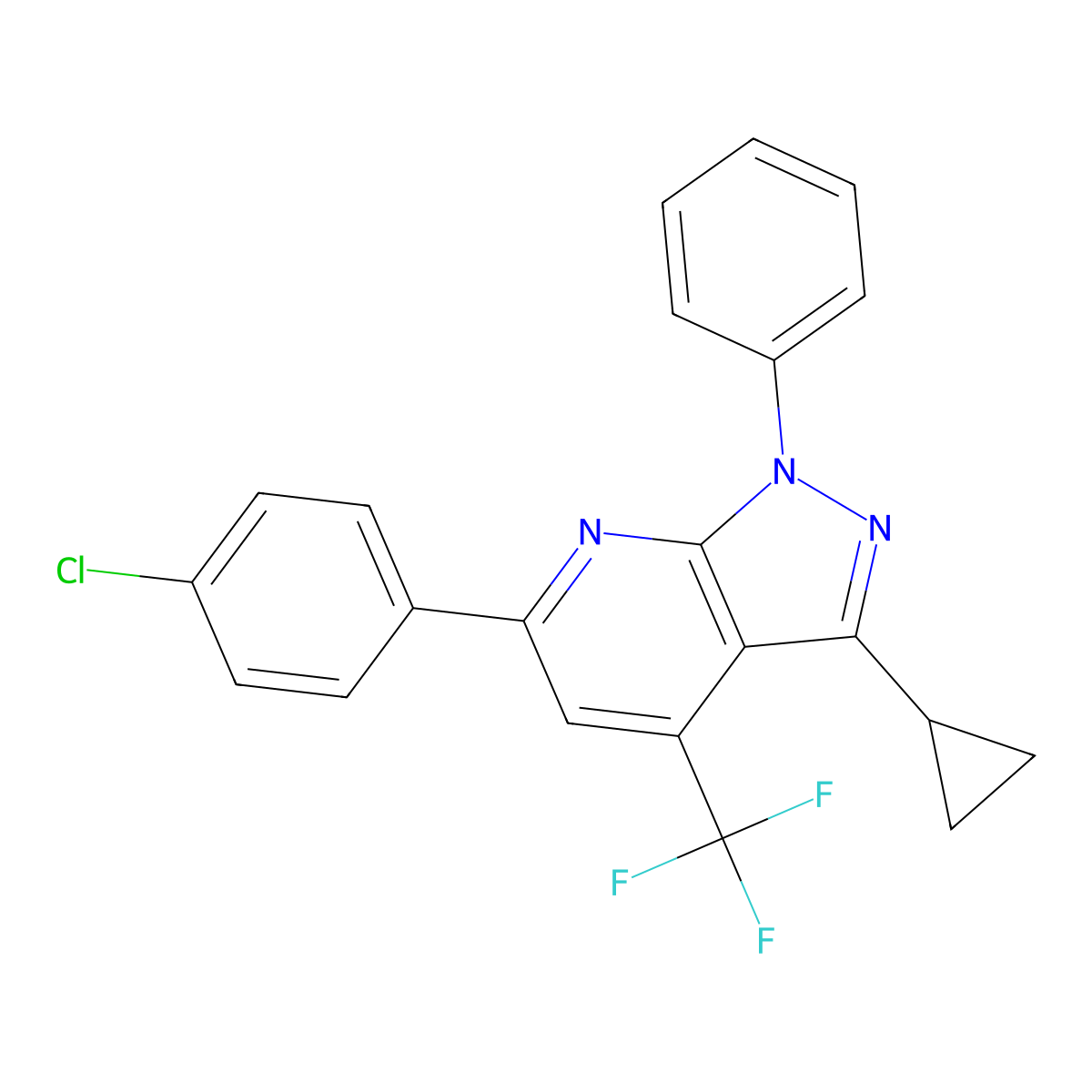 6-(4-chlorophenyl)-3-cyclopropyl-1-phenyl-4-(trifluoromethyl)-1H-pyrazolo[3,4-b]pyridine molecular structure, CAS 834896-10-5