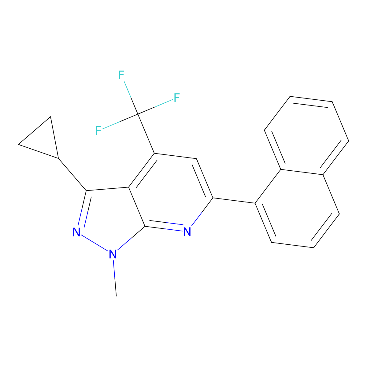 3-cyclopropyl-1-methyl-6-(naphthalen-1-yl)-4-(trifluoromethyl)-1H-pyrazolo[3,4-b]pyridine molecular structure, CAS 834896-11-6