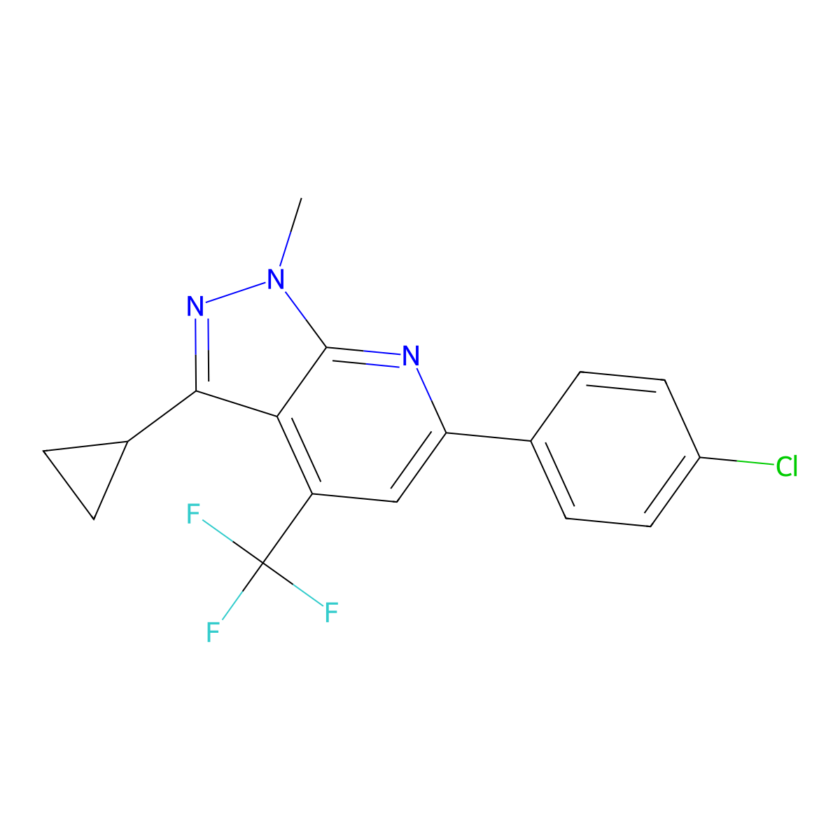 6-(4-chlorophenyl)-3-cyclopropyl-1-methyl-4-(trifluoromethyl)-1H-pyrazolo[3,4-b]pyridine molecular structure, CAS 834896-22-9