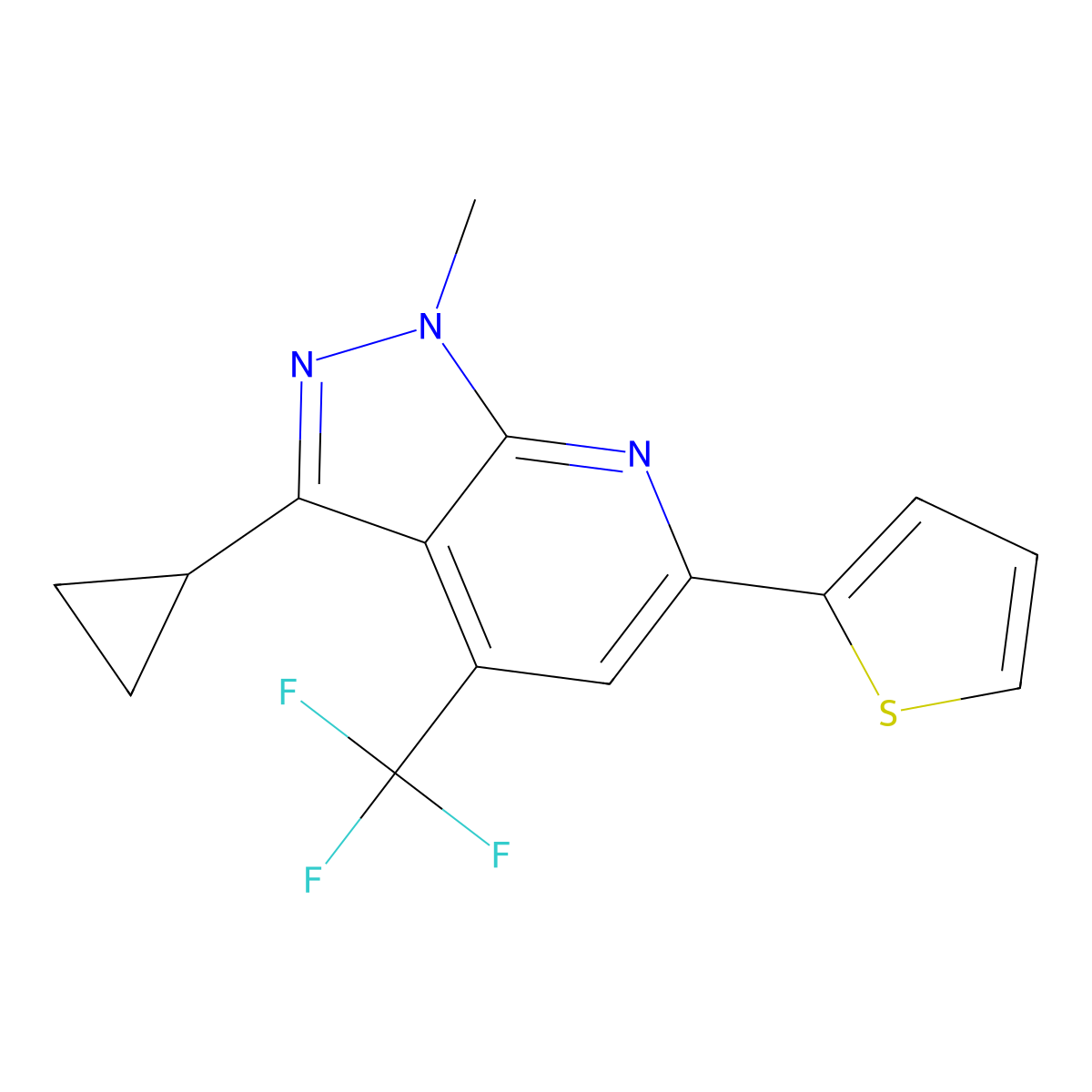 3-Cyclopropyl-1-methyl-6-(2-thienyl)-4-(trifluoromethyl)-1H-pyrazolo[3,4-B]pyridine molecular structure, CAS 834896-50-3
