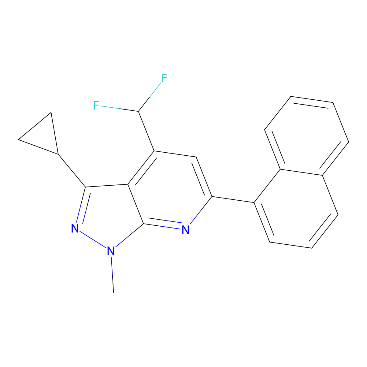 3-cyclopropyl-4-(difluoromethyl)-1-methyl-6-(naphthalen-1-yl)-1H-pyrazolo[3,4-b]pyridine molecular structure, CAS 834896-64-9