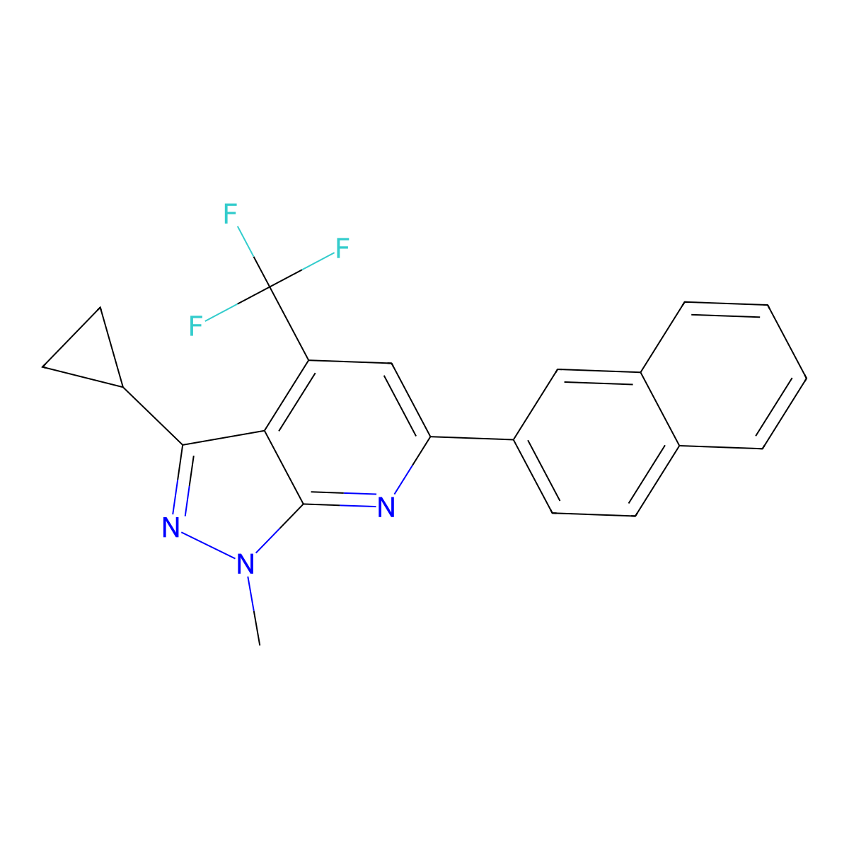 3-cyclopropyl-1-methyl-6-(naphthalen-2-yl)-4-(trifluoromethyl)-1H-pyrazolo[3,4-b]pyridine molecular structure, CAS 834896-73-0