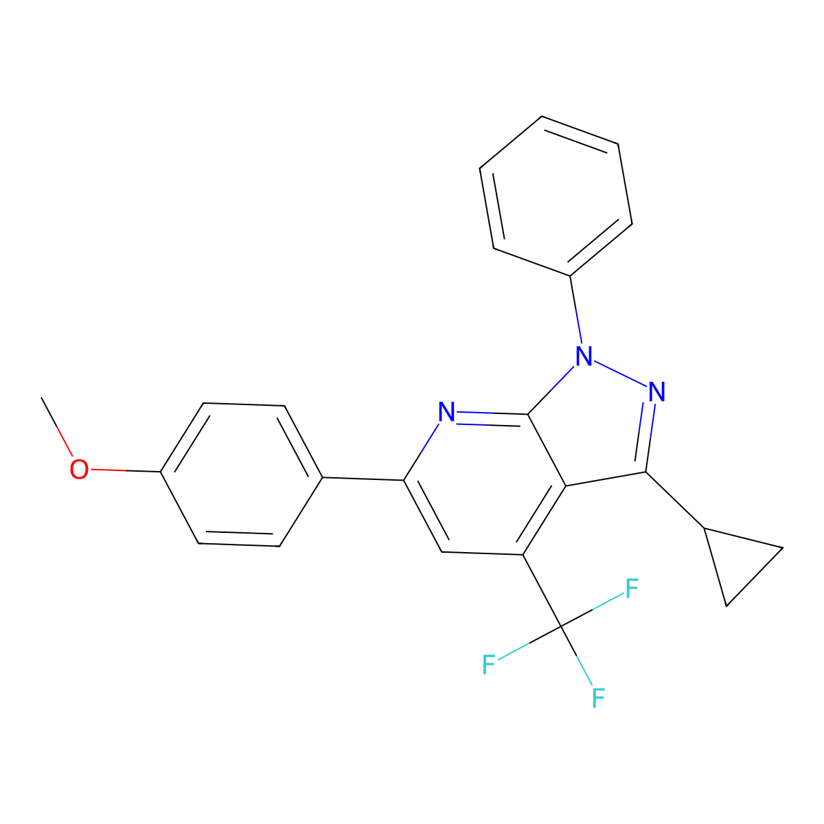 3-cyclopropyl-6-(4-methoxyphenyl)-1-phenyl-4-(trifluoromethyl)-1H-pyrazolo[3,4-b]pyridine molecular structure, CAS 834896-81-0