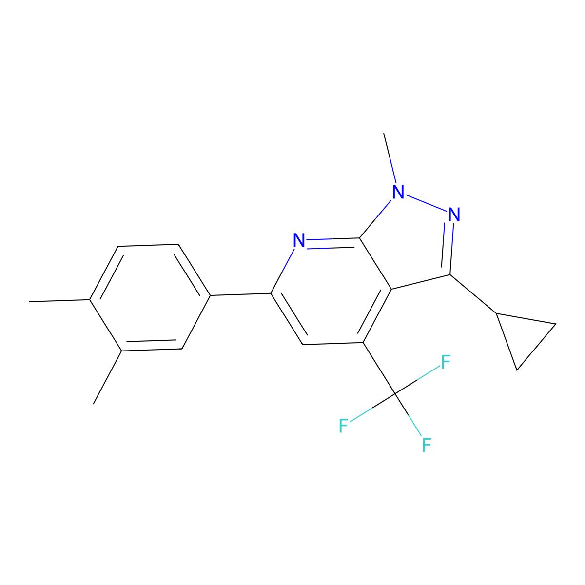 3-cyclopropyl-6-(3,4-dimethylphenyl)-1-methyl-4-(trifluoromethyl)-1H-pyrazolo[3,4-b]pyridine molecular structure, CAS 834896-97-8