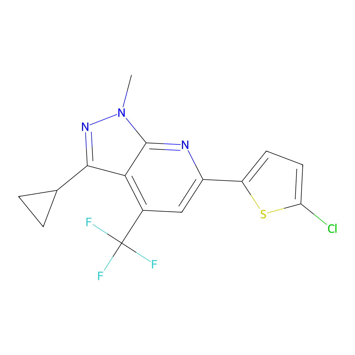 6-(5-chlorothiophen-2-yl)-3-cyclopropyl-1-methyl-4-(trifluoromethyl)-1H-pyrazolo[3,4-b]pyridine molecular structure, CAS 834897-01-7