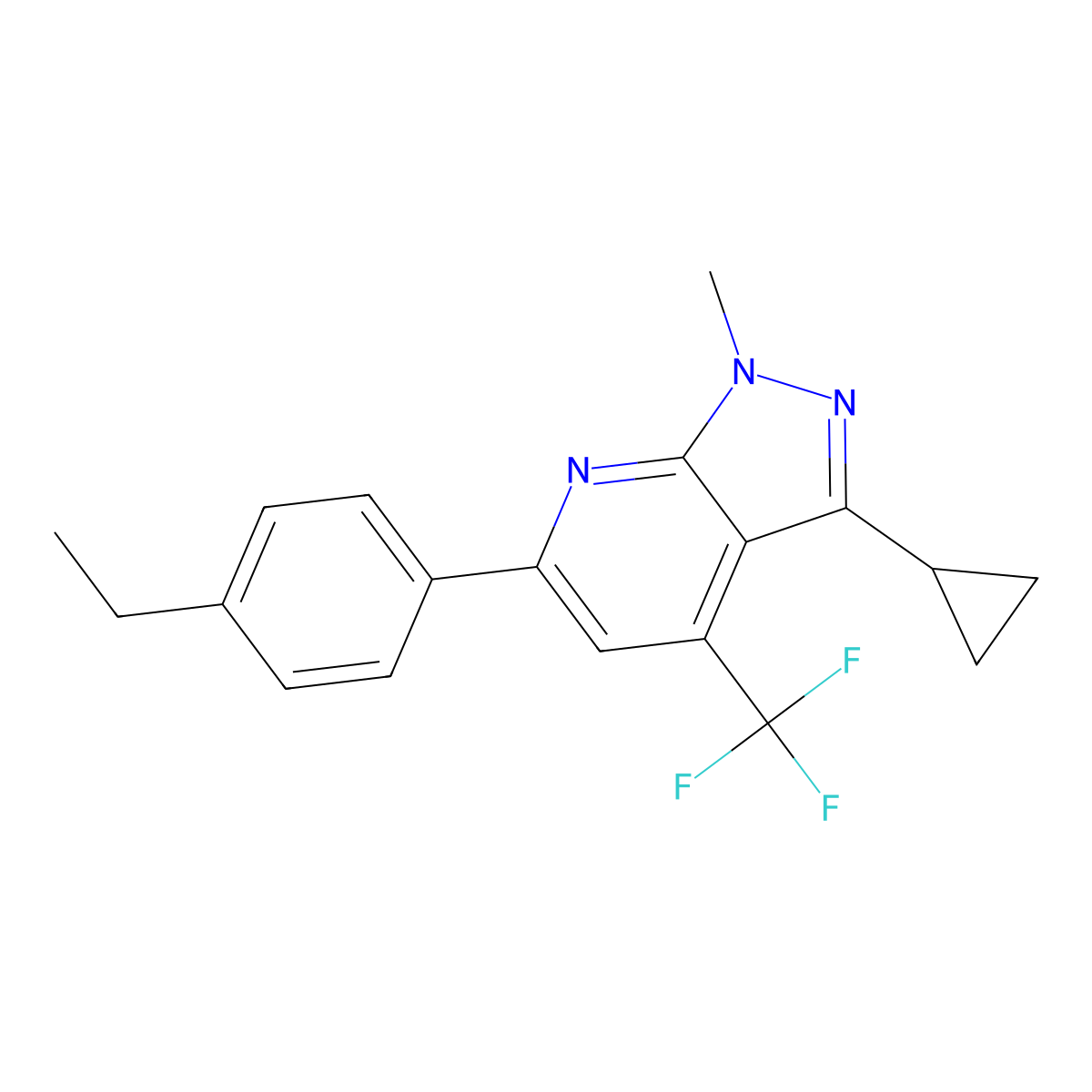 3-cyclopropyl-6-(4-ethylphenyl)-1-methyl-4-(trifluoromethyl)-1H-pyrazolo[3,4-b]pyridine molecular structure, CAS 834897-04-0