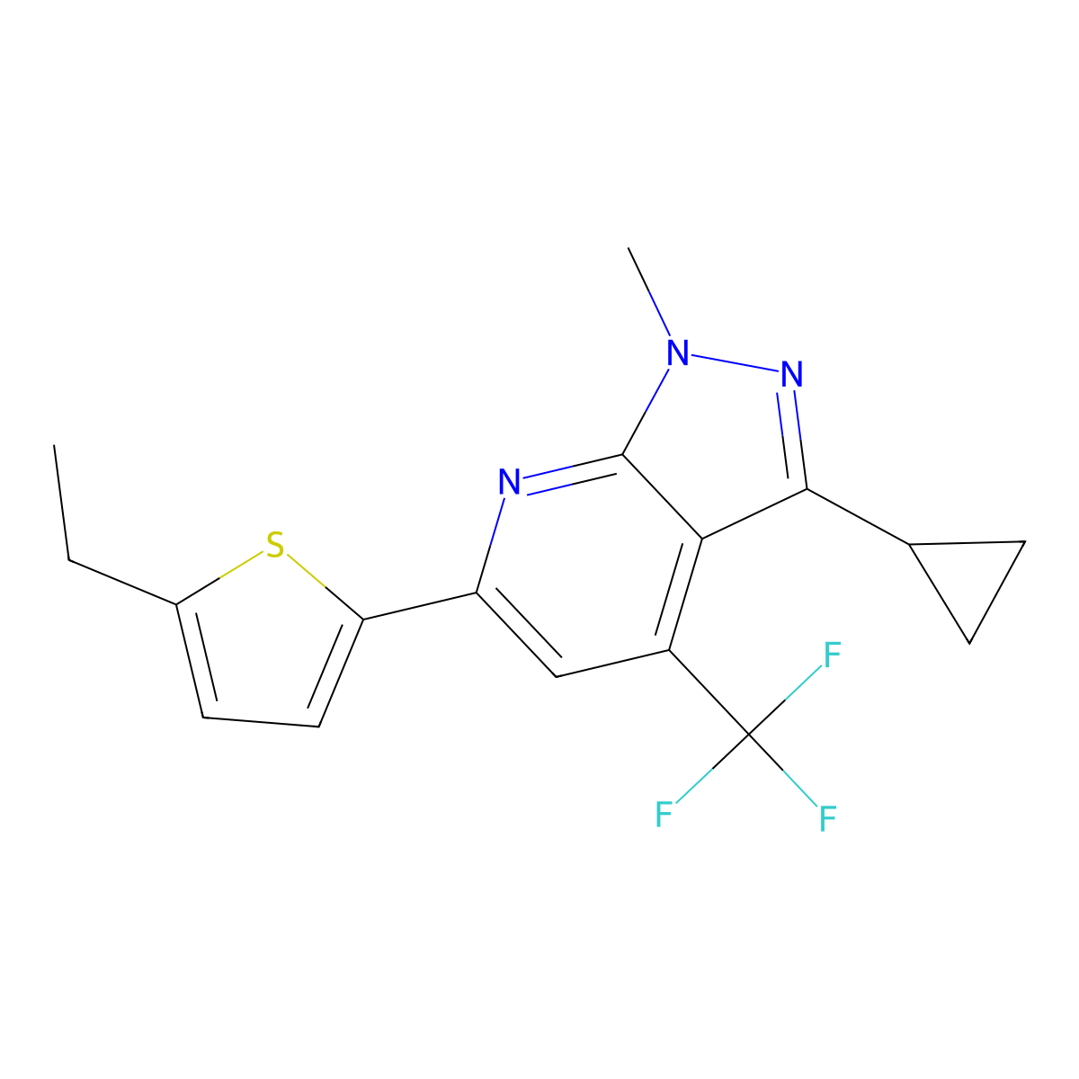 3-cyclopropyl-6-(5-ethylthiophen-2-yl)-1-methyl-4-(trifluoromethyl)-1H-pyrazolo[3,4-b]pyridine molecular structure, CAS 834897-20-0