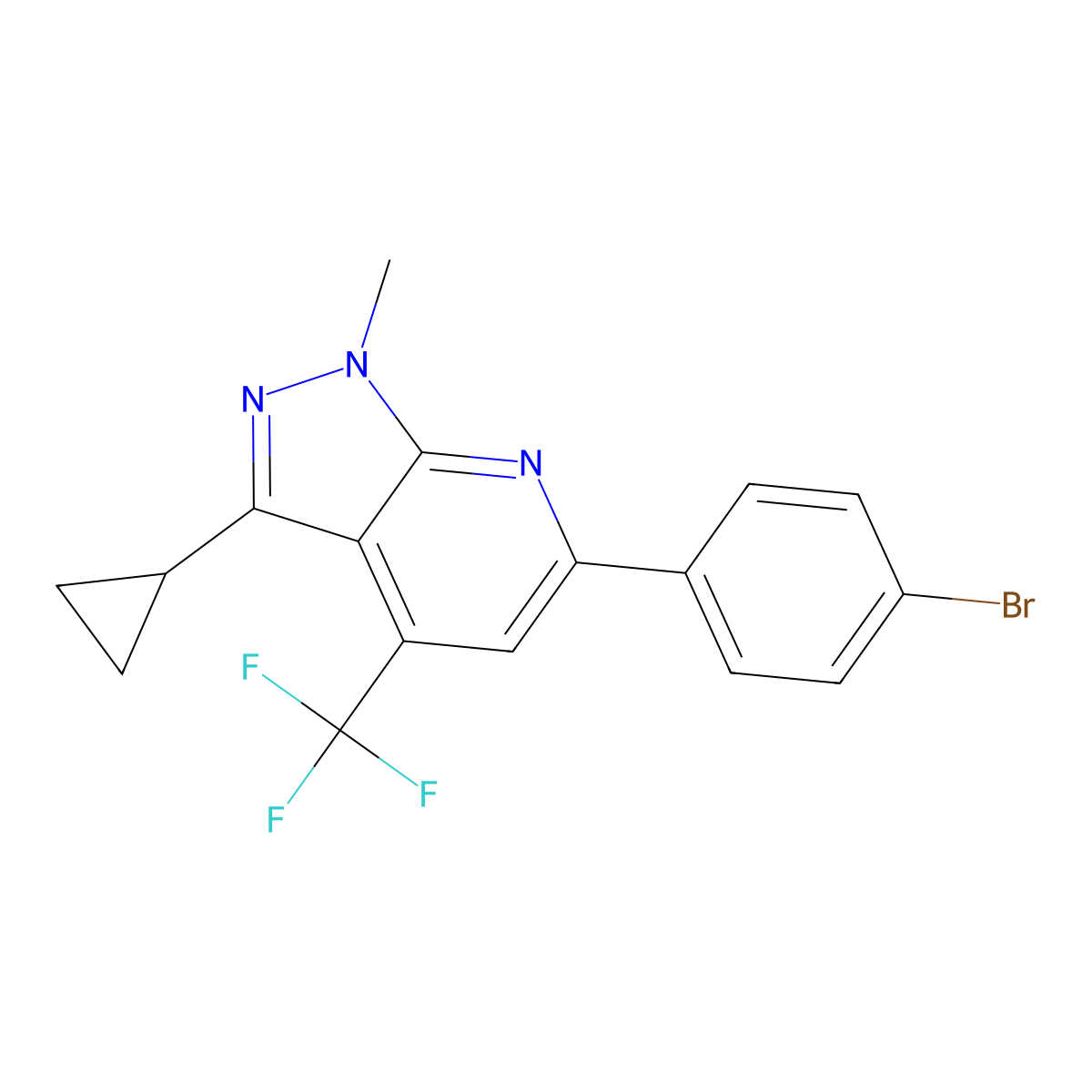 6-(4-bromophenyl)-3-cyclopropyl-1-methyl-4-(trifluoromethyl)-1H-pyrazolo[3,4-b]pyridine molecular structure, CAS 834897-36-8