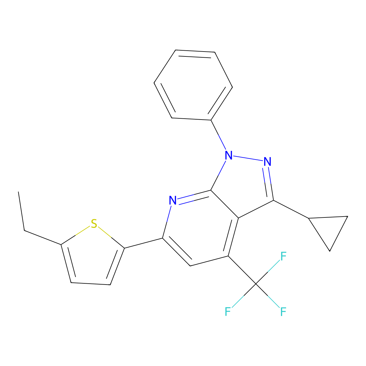 3-cyclopropyl-6-(5-ethylthiophen-2-yl)-1-phenyl-4-(trifluoromethyl)-1H-pyrazolo[3,4-b]pyridine molecular structure, CAS 834900-73-1