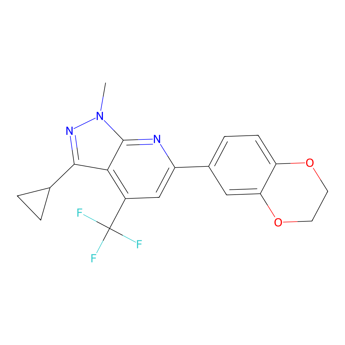 3-cyclopropyl-6-(2,3-dihydro-1,4-benzodioxin-6-yl)-1-methyl-4-(trifluoromethyl)-1H-pyrazolo[3,4-b]pyridine molecular structure, CAS 834901-23-4