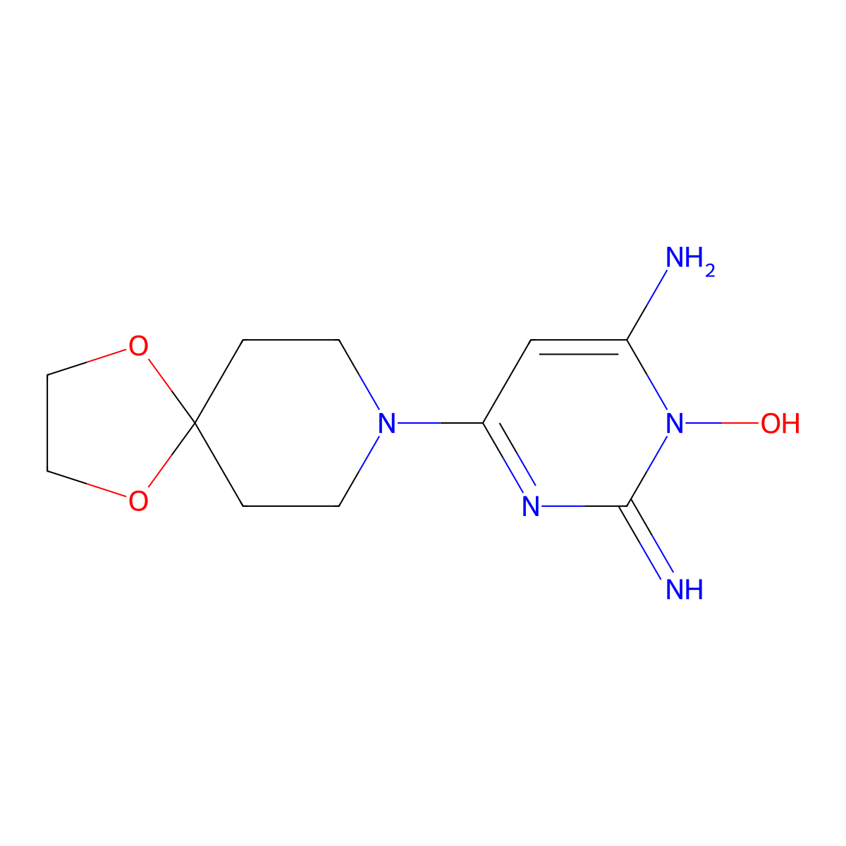 6-Amino-4-(1,4-dioxa-8-azaspiro(4.5)decan-8-yl)-2-iminopyrimidin-1(2H)-ol molecular structure, CAS 83540-25-4