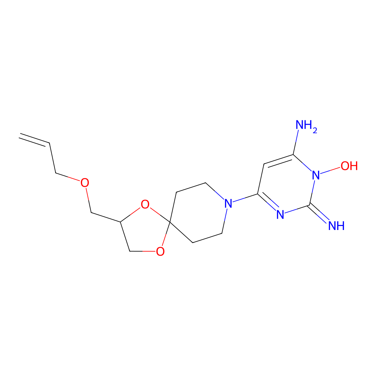 6-Amino-2-imino-4-(2-(((prop-2-en-1-yl)oxy)methyl)-1,4-dioxa-8-azaspiro(4.5)decan-8-yl)pyrimidin-1(2H)-ol molecular structure, CAS 83540-28-7