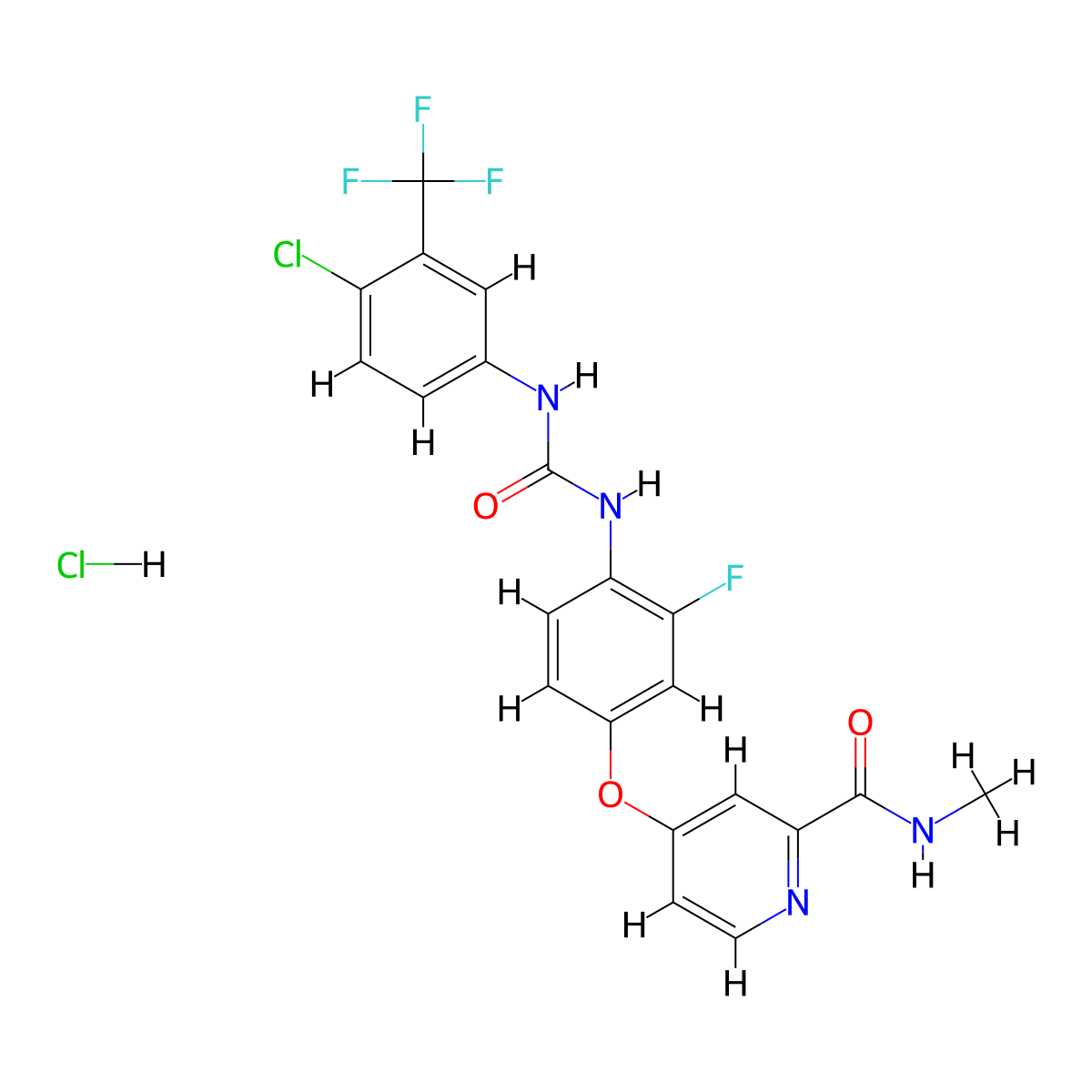4-[4-({[4-chloro-3-(trifluoromethyl)phenyl]carbamoyl}amino)-3-fluorophenoxy]-N-methylpyridine-2-carboxamide hydrochloride molecular structure, CAS 835621-07-3