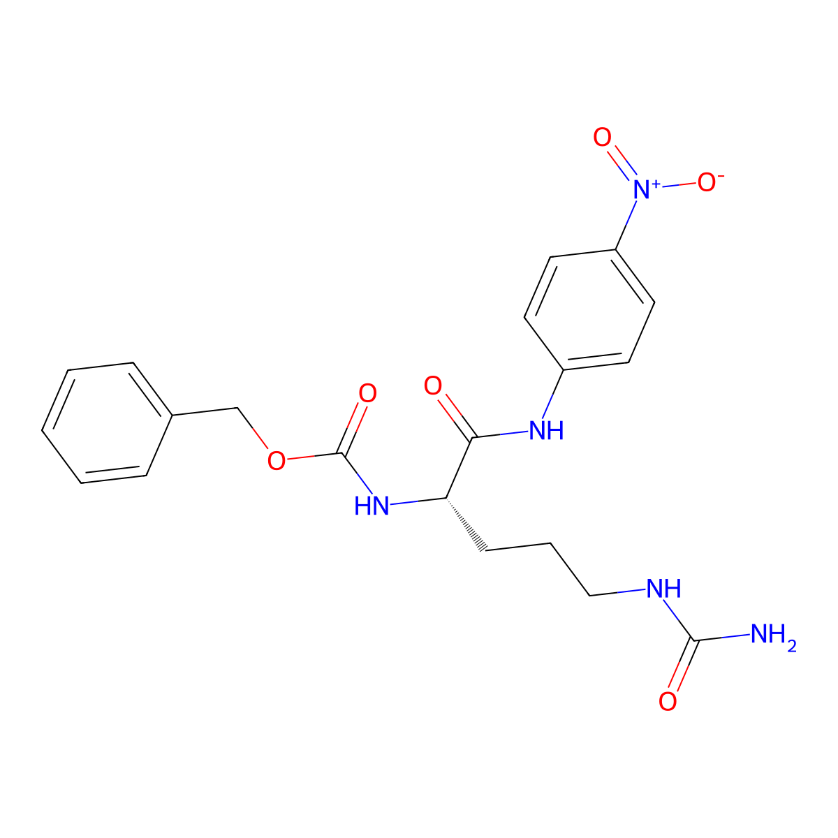 Carbamic acid, (4-((aminocarbonyl)amino)-1-(((4-nitrophenyl)amino)carbonyl)butyl)-, phenylmethyl ester, (S)- molecular structure, CAS 83575-37-5