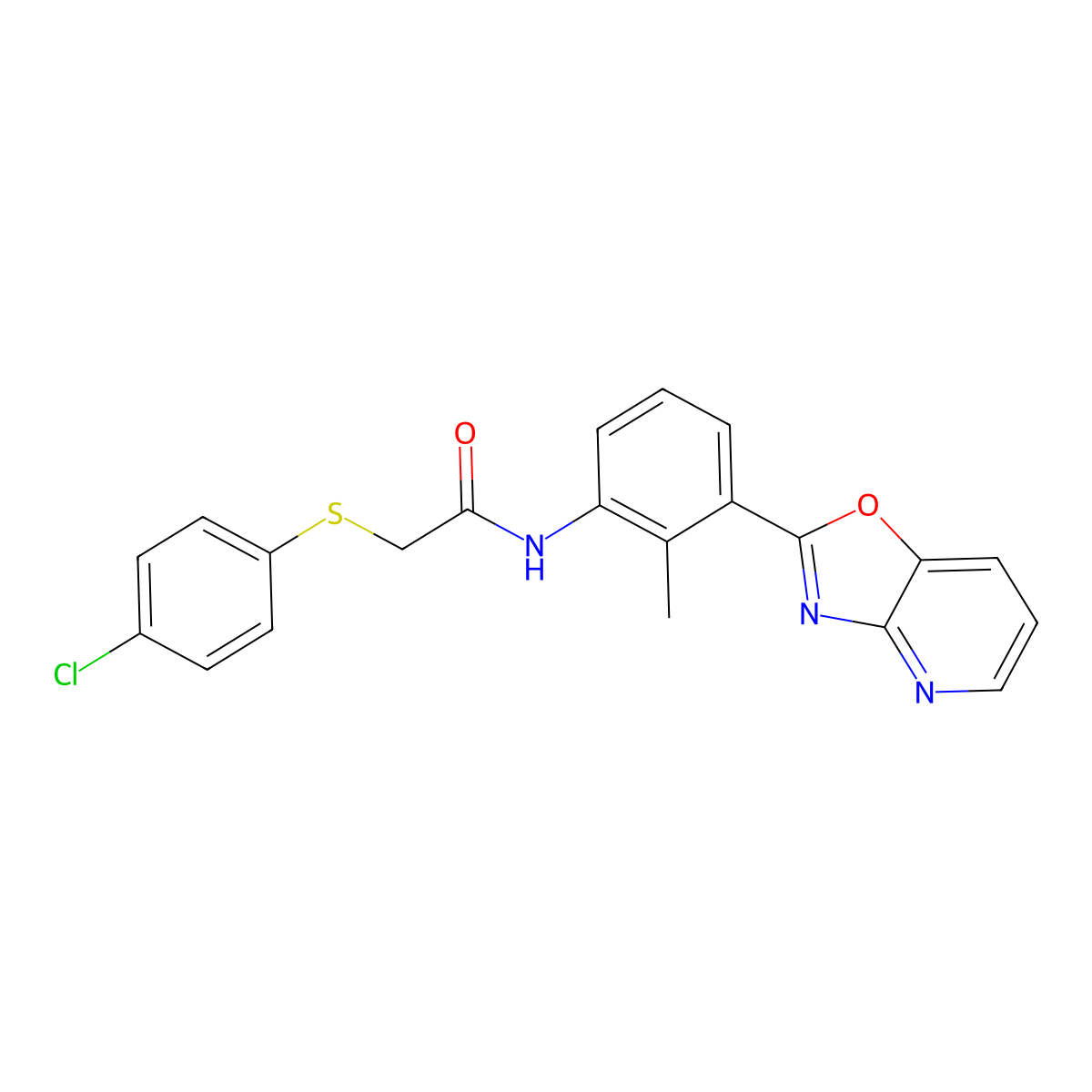 2-(4-chlorophenyl)sulfanyl-N-[2-methyl-3-([1,3]oxazolo[4,5-b]pyridin-2-yl)phenyl]acetamide molecular structure, CAS 835886-64-1