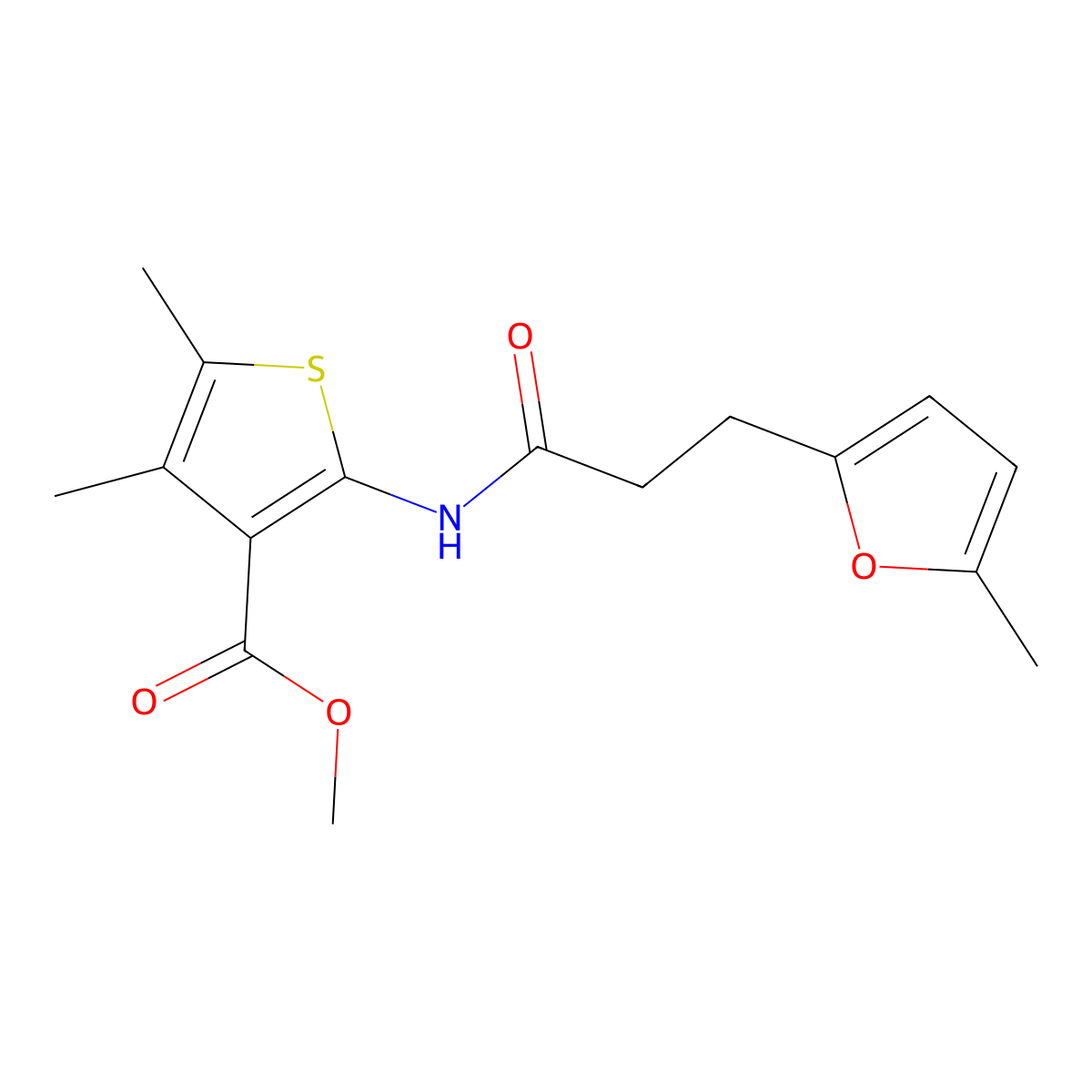 Methyl 4,5-dimethyl-2-(3-(5-methylfuran-2-yl)propanamido)thiophene-3-carboxylate molecular structure, CAS 835886-74-3