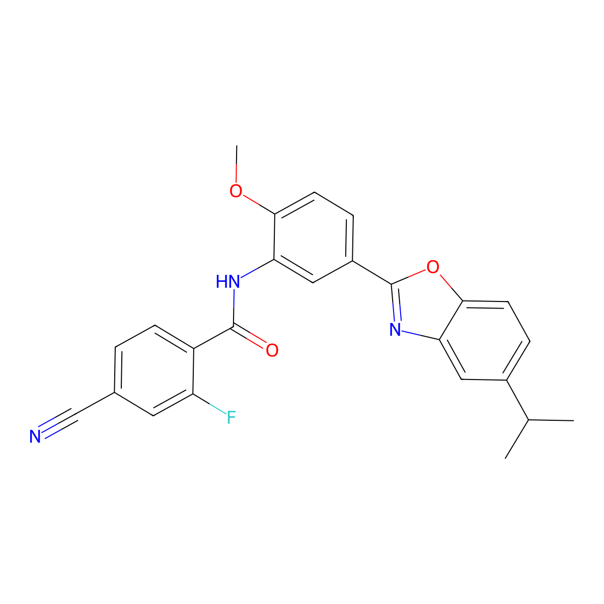 4-cyano-2-fluoro-N-[2-methoxy-5-(5-propan-2-yl-1,3-benzoxazol-2-yl)phenyl]benzamide molecular structure, CAS 835887-35-9