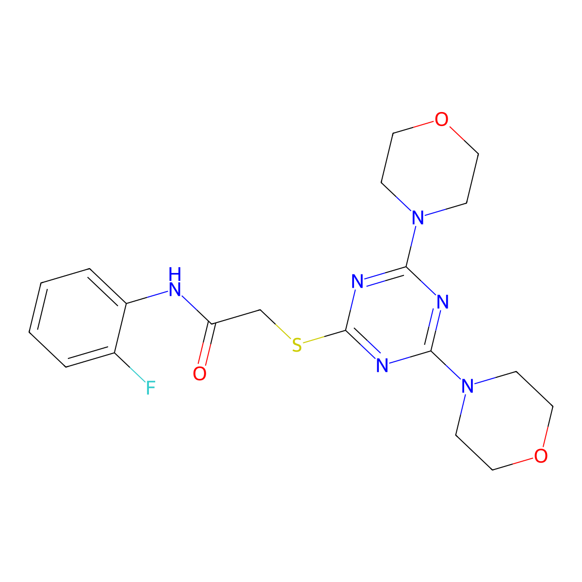 2-[(4,6-dimorpholin-4-yl-1,3,5-triazin-2-yl)sulfanyl]-N-(2-fluorophenyl)acetamide molecular structure, CAS 835887-53-1