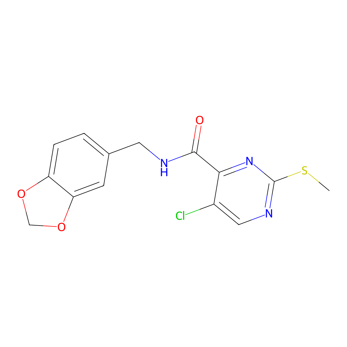 N-(1,3-benzodioxol-5-ylmethyl)-5-chloro-2-methylsulfanylpyrimidine-4-carboxamide molecular structure, CAS 835887-67-7