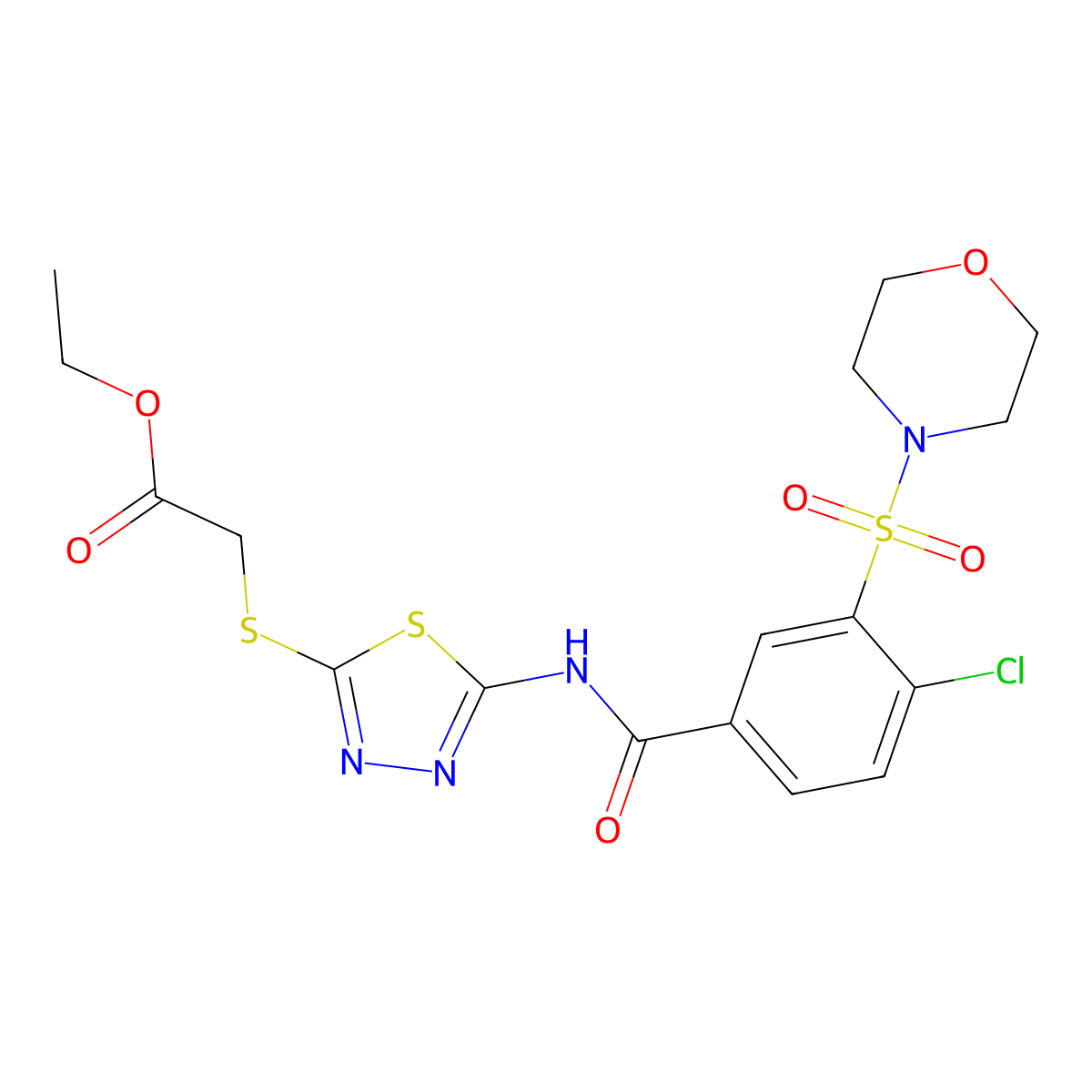 Ethyl 2-((5-(4-chloro-3-(morpholinosulfonyl)benzamido)-1,3,4-thiadiazol-2-yl)thio)acetate molecular structure, CAS 835888-13-6