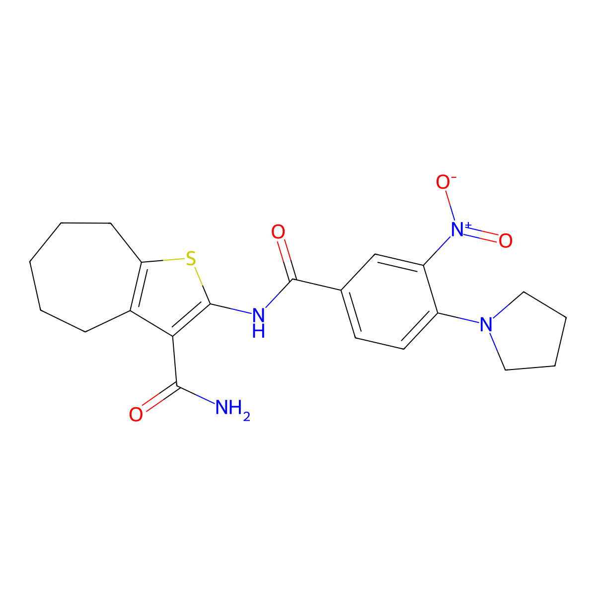 2-[(3-nitro-4-pyrrolidin-1-ylbenzoyl)amino]-5,6,7,8-tetrahydro-4H-cyclohepta[b]thiophene-3-carboxamide molecular structure, CAS 835888-83-0