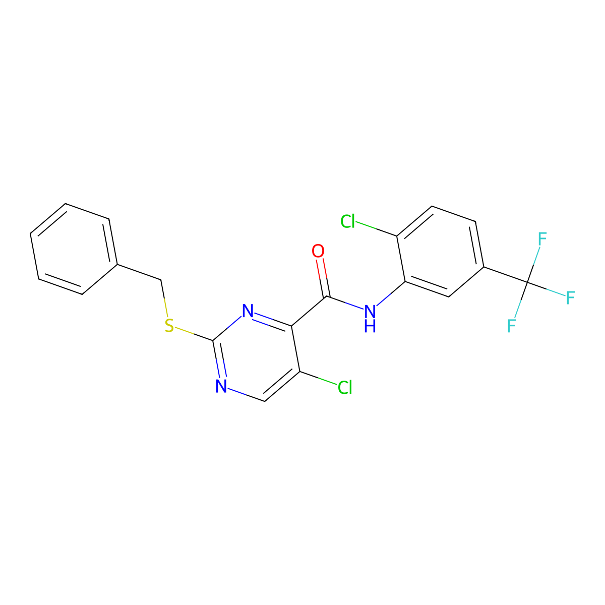 2-benzylsulfanyl-5-chloro-N-[2-chloro-5-(trifluoromethyl)phenyl]pyrimidine-4-carboxamide molecular structure, CAS 835890-78-3
