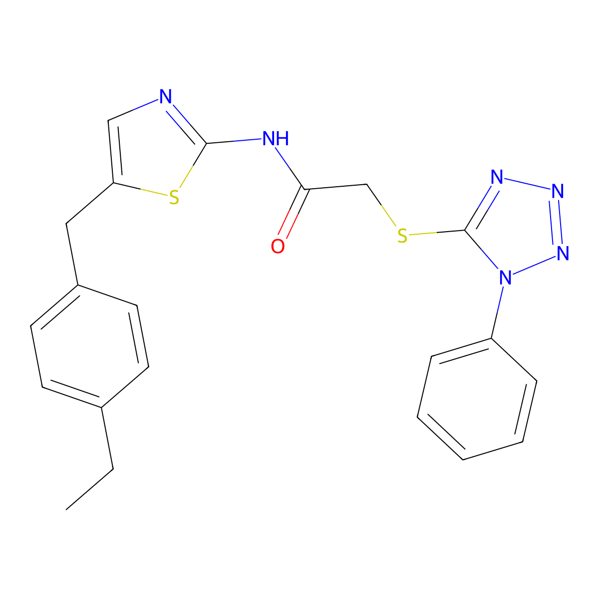 N-[5-[(4-ethylphenyl)methyl]-1,3-thiazol-2-yl]-2-(1-phenyltetrazol-5-yl)sulfanylacetamide molecular structure, CAS 835891-23-1