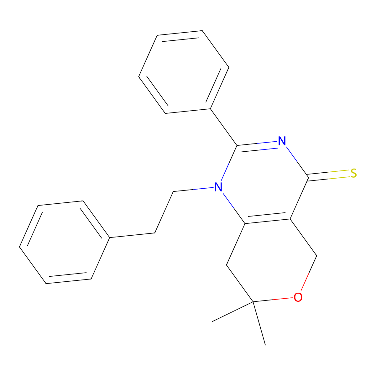 7,7-dimethyl-2-phenyl-1-(2-phenylethyl)-1,5,7,8-tetrahydro-4H-pyrano[4,3-d]pyrimidine-4-thione molecular structure, CAS 835891-31-1