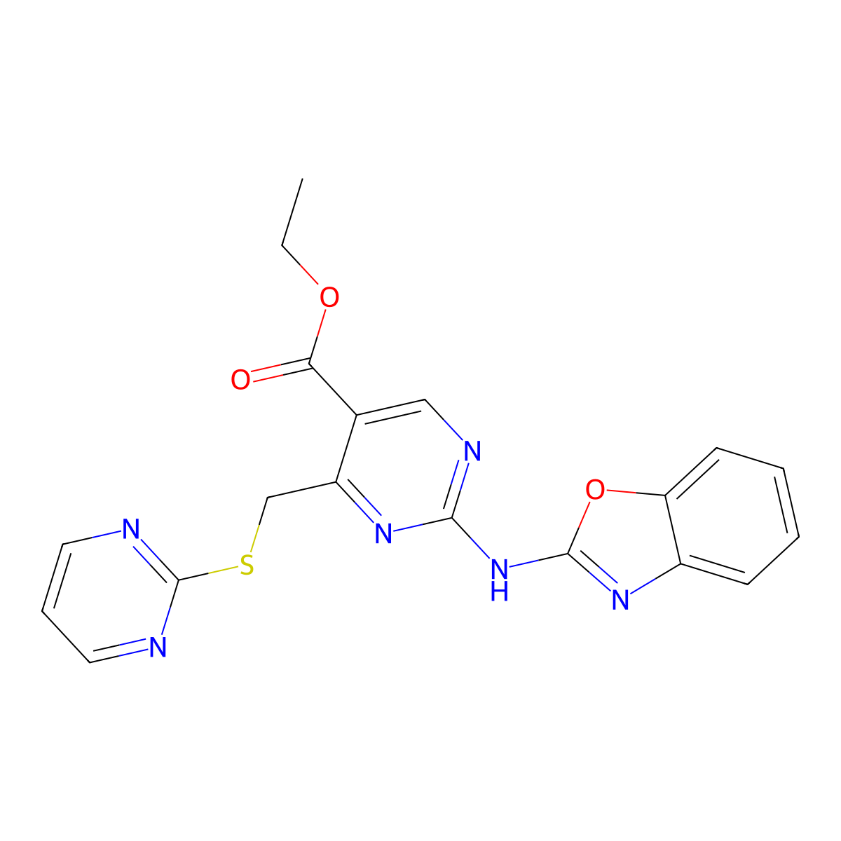 Ethyl 2-(1,3-benzoxazol-2-ylamino)-4-[(pyrimidin-2-ylsulfanyl)methyl]pyrimidine-5-carboxylate molecular structure, CAS 835894-81-0