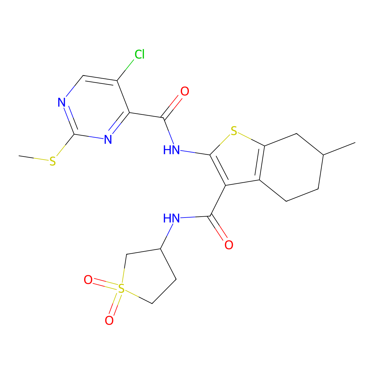 5-chloro-N-[3-[(1,1-dioxothiolan-3-yl)carbamoyl]-6-methyl-4,5,6,7-tetrahydro-1-benzothiophen-2-yl]-2-methylsulfanylpyrimidine-4-carboxamide molecular structure, CAS 835895-01-7