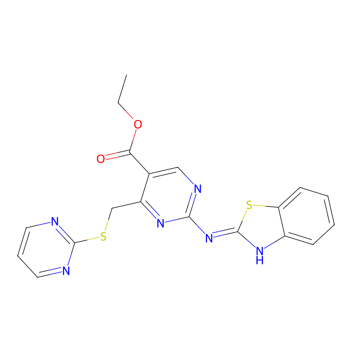 Ethyl 2-(1,3-benzothiazol-2-ylamino)-4-(pyrimidin-2-ylsulfanylmethyl)pyrimidine-5-carboxylate molecular structure, CAS 835895-52-8