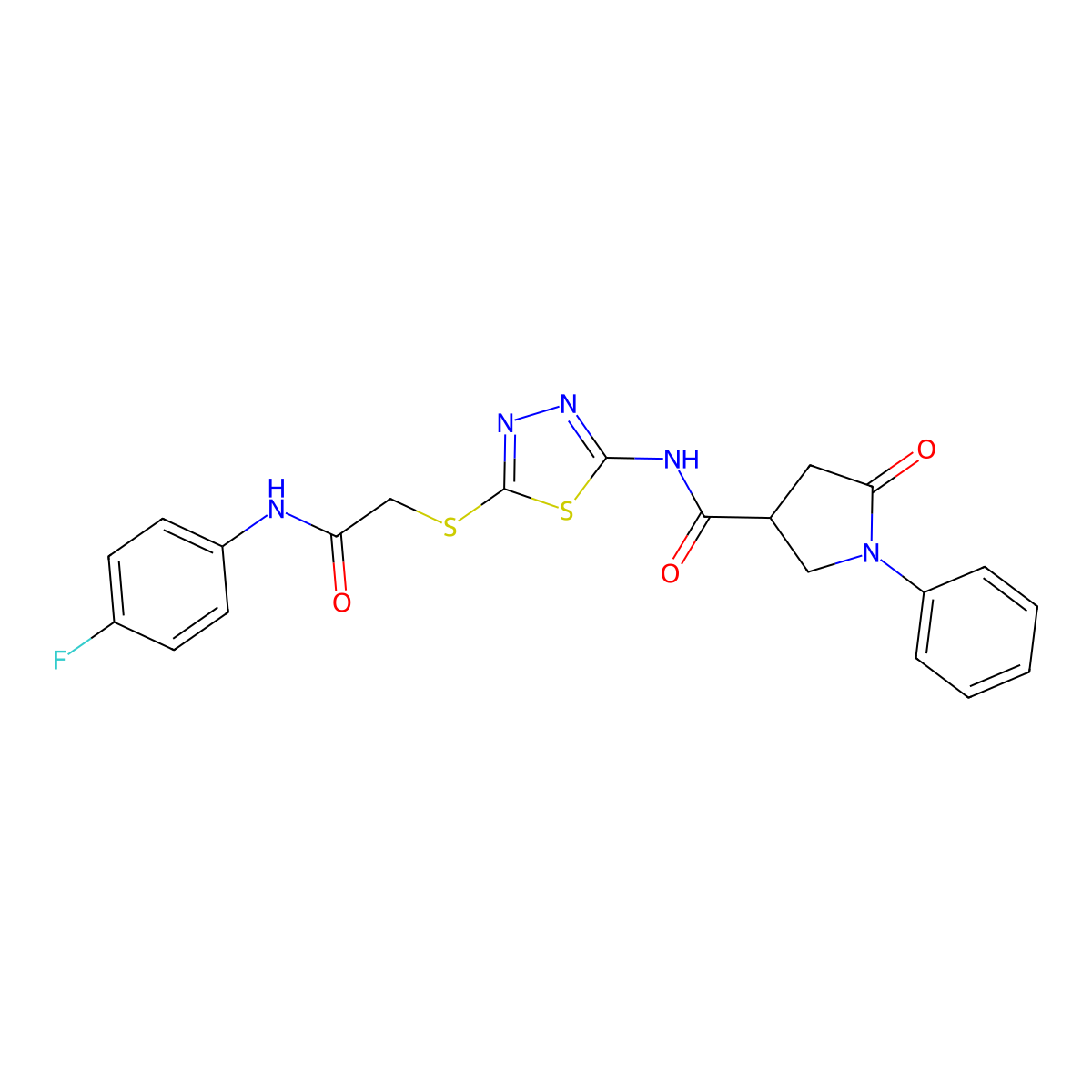 N-[5-[2-(4-fluoroanilino)-2-oxoethyl]sulfanyl-1,3,4-thiadiazol-2-yl]-5-oxo-1-phenylpyrrolidine-3-carboxamide molecular structure, CAS 835895-92-6