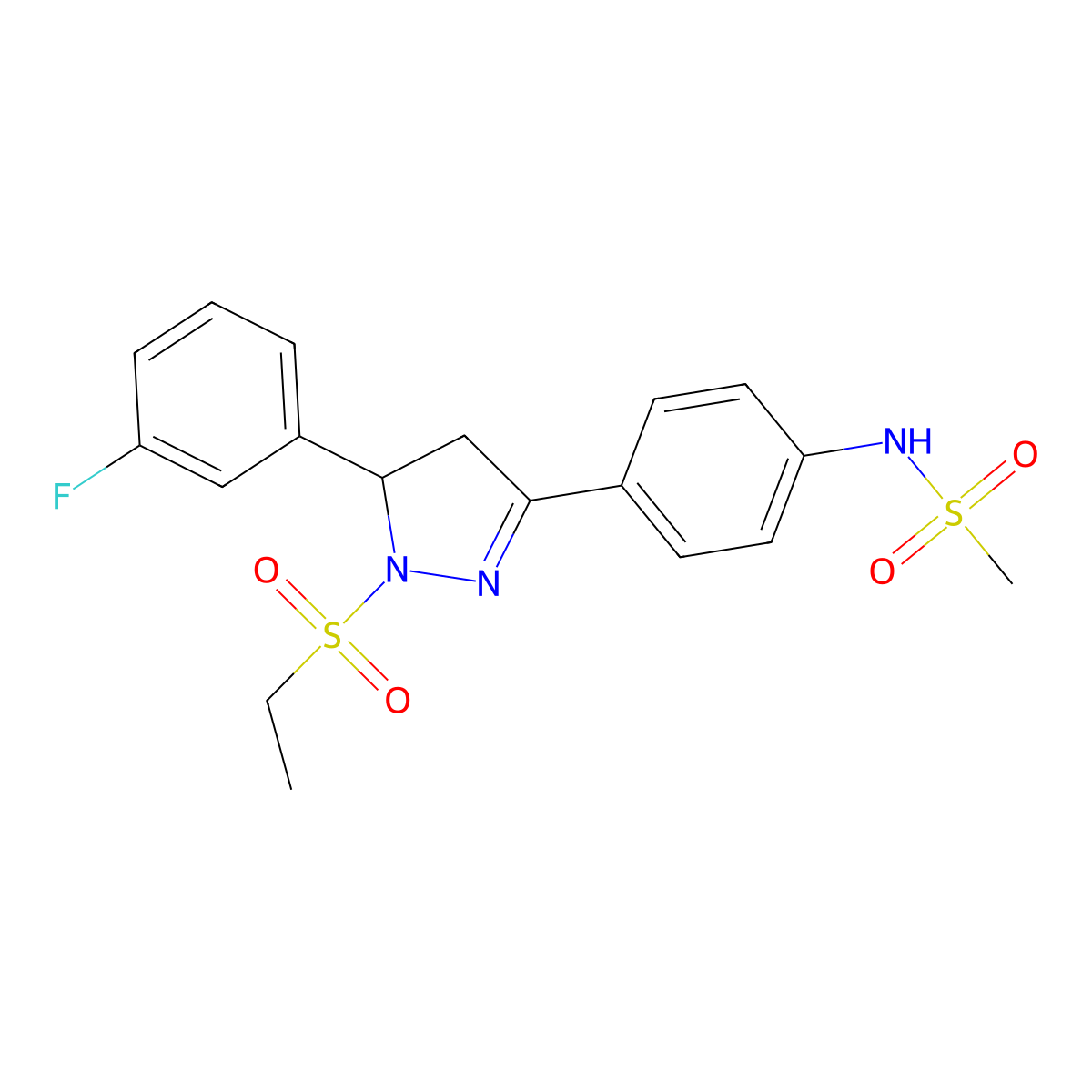 N-(4-(1-(ethylsulfonyl)-5-(3-fluorophenyl)-4,5-dihydro-1H-pyrazol-3-yl)phenyl)methanesulfonamide molecular structure, CAS 835897-59-1