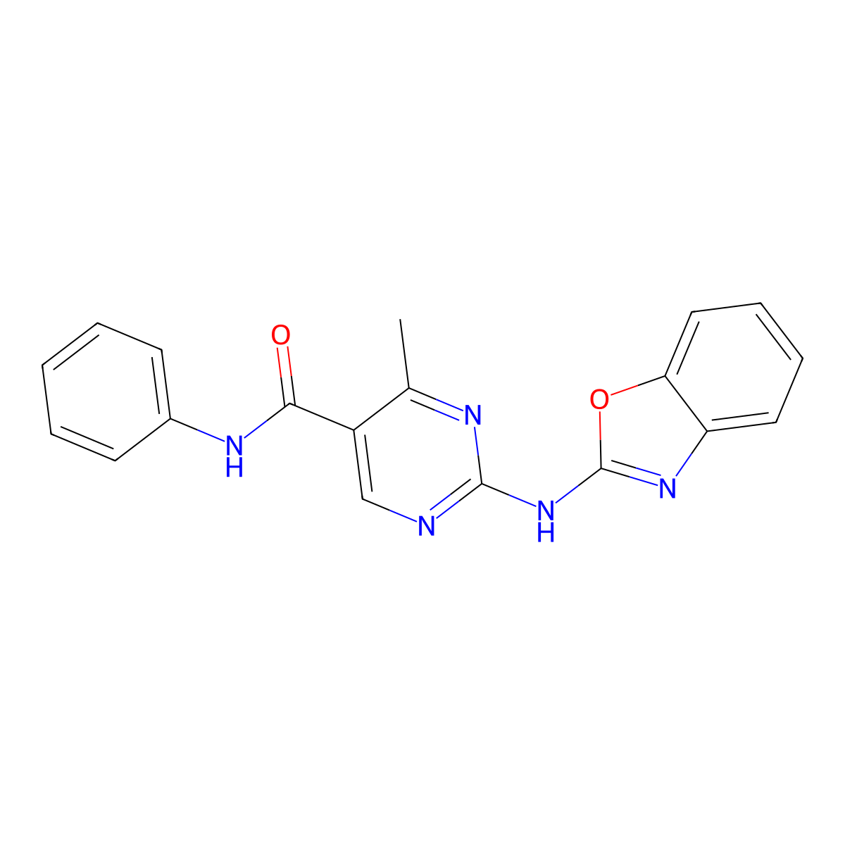 2-(1,3-benzoxazol-2-ylamino)-4-methyl-N-phenylpyrimidine-5-carboxamide molecular structure, CAS 835897-77-3