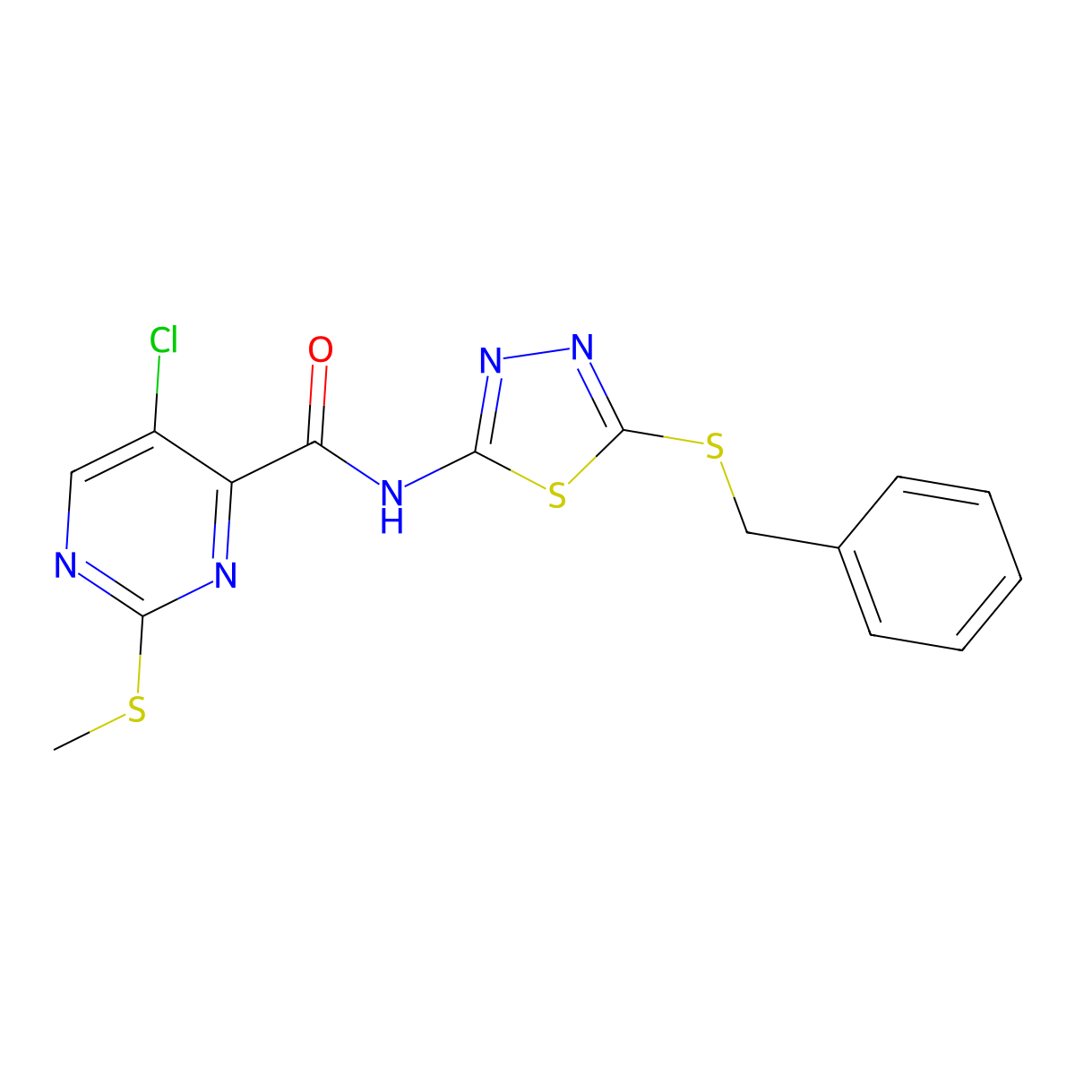 N-[5-(benzylsulfanyl)-1,3,4-thiadiazol-2-yl]-5-chloro-2-(methylsulfanyl)pyrimidine-4-carboxamide molecular structure, CAS 835898-20-9