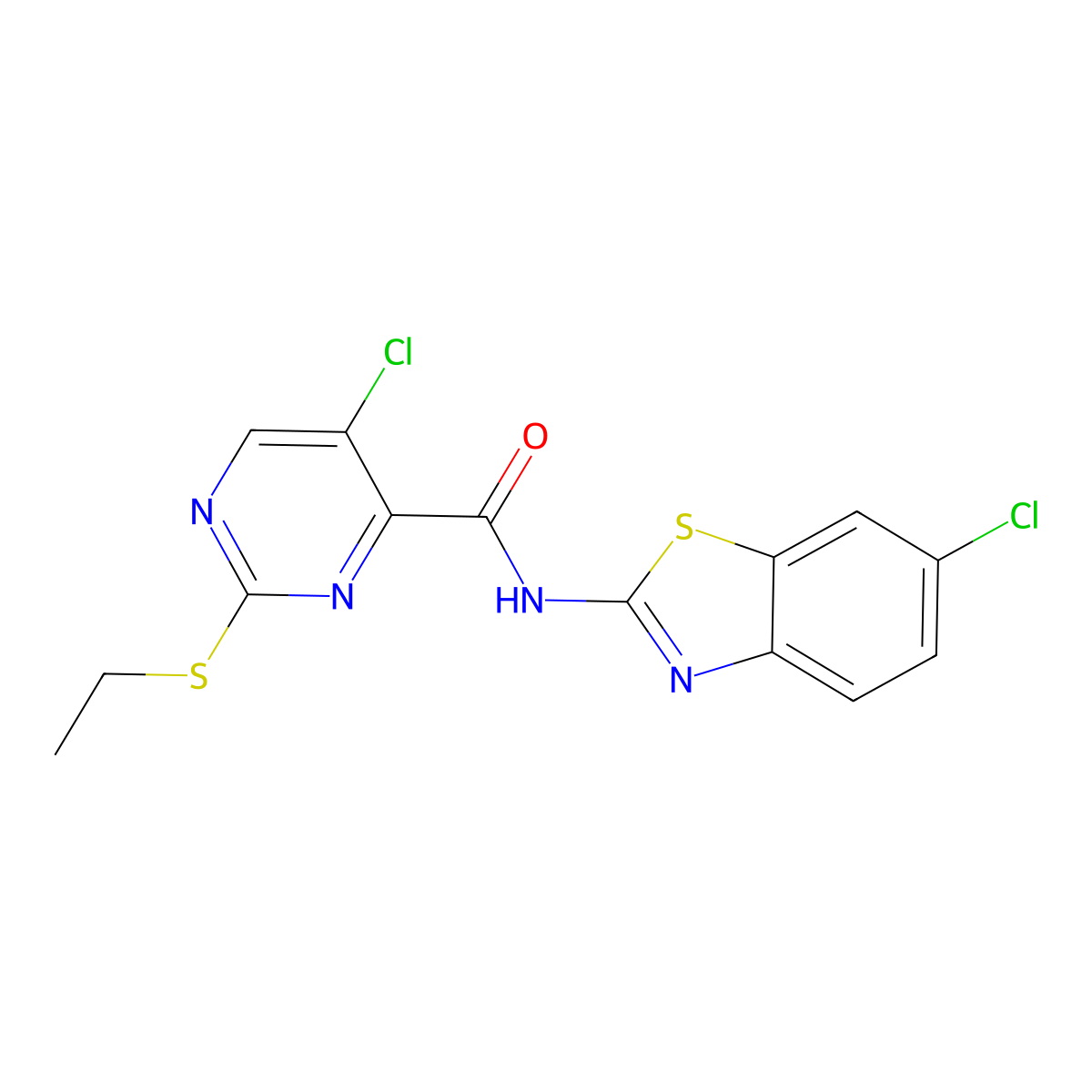 5-chloro-N-(6-chloro-1,3-benzothiazol-2-yl)-2-ethylsulfanylpyrimidine-4-carboxamide molecular structure, CAS 835898-50-5