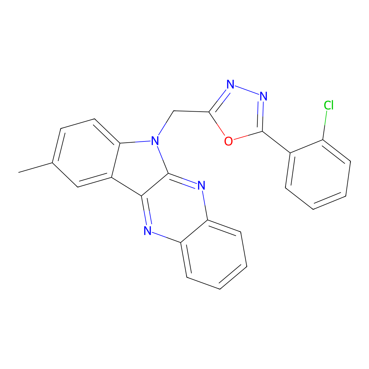 2-(2-chlorophenyl)-5-({9-methyl-6H-indolo[2,3-b]quinoxalin-6-yl}methyl)-1,3,4-oxadiazole molecular structure, CAS 835899-68-8