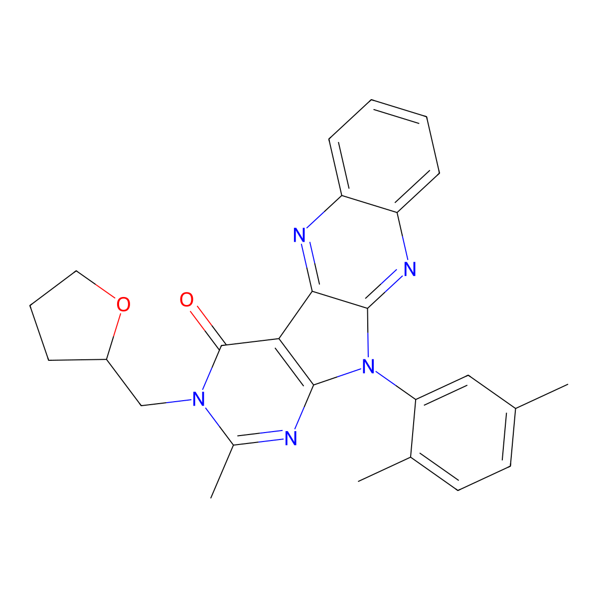 11-(2,5-dimethylphenyl)-2-methyl-3-((tetrahydrofuran-2-yl)methyl)-3H-pyrimido[5',4':4,5]pyrrolo[2,3-b]quinoxalin-4(11H)-one molecular structure, CAS 835906-18-8
