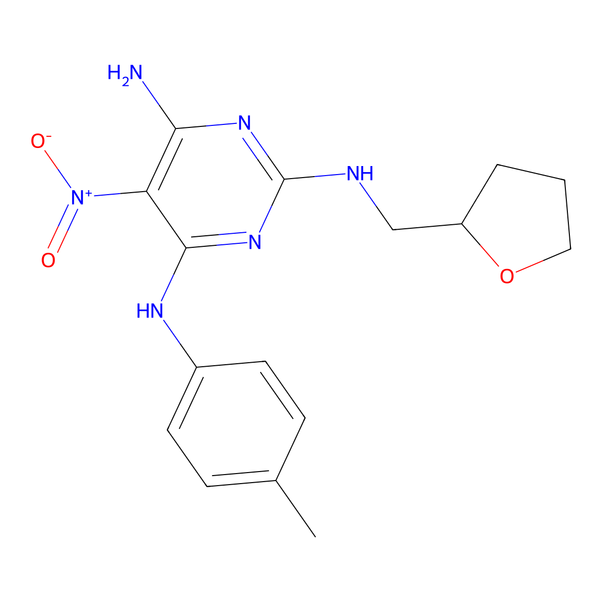 5-Nitro-N-(tetrahydro-furan-2-ylmethyl)-N'-p-tolyl-pyrimidine-2,4,6-triamine molecular structure, CAS 835906-89-3