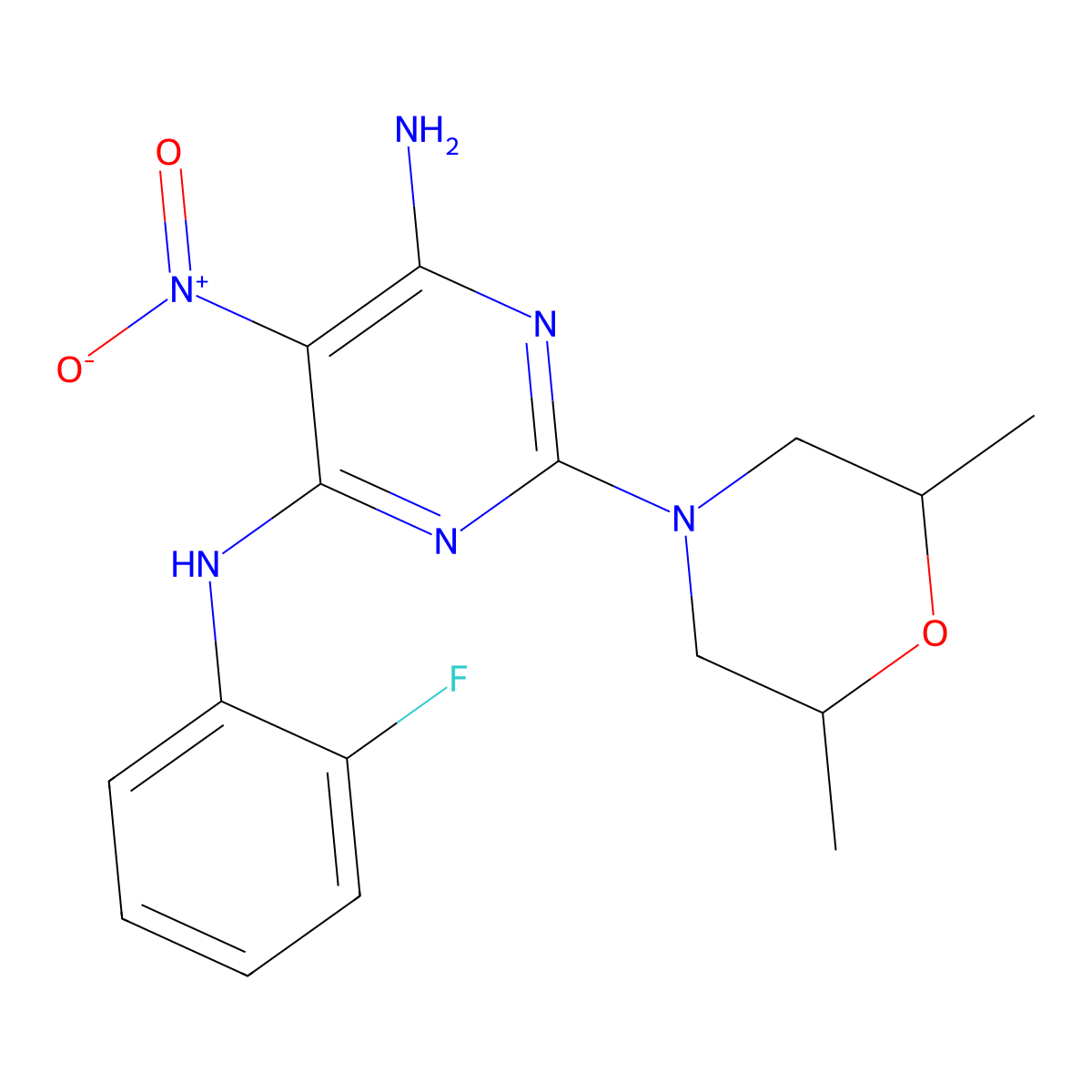 2-(2,6-dimethylmorpholino)-N4-(2-fluorophenyl)-5-nitropyrimidine-4,6-diamine molecular structure, CAS 835907-14-7