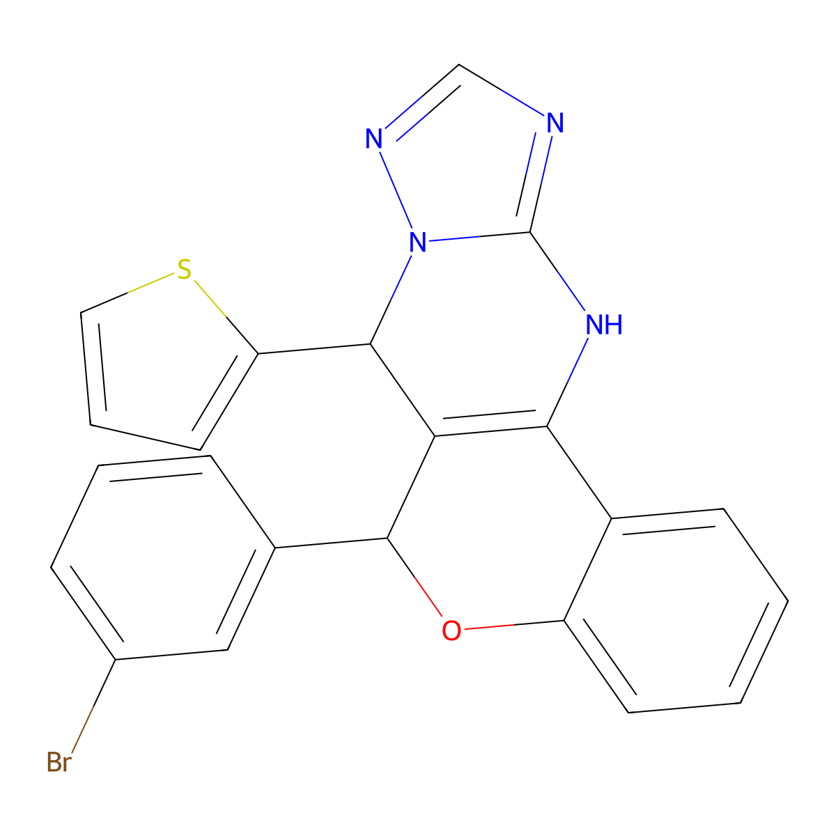 6-(3-bromophenyl)-7-(thiophen-2-yl)-7,12-dihydro-6H-chromeno[4,3-d][1,2,4]triazolo[1,5-a]pyrimidine molecular structure, CAS 835907-37-4