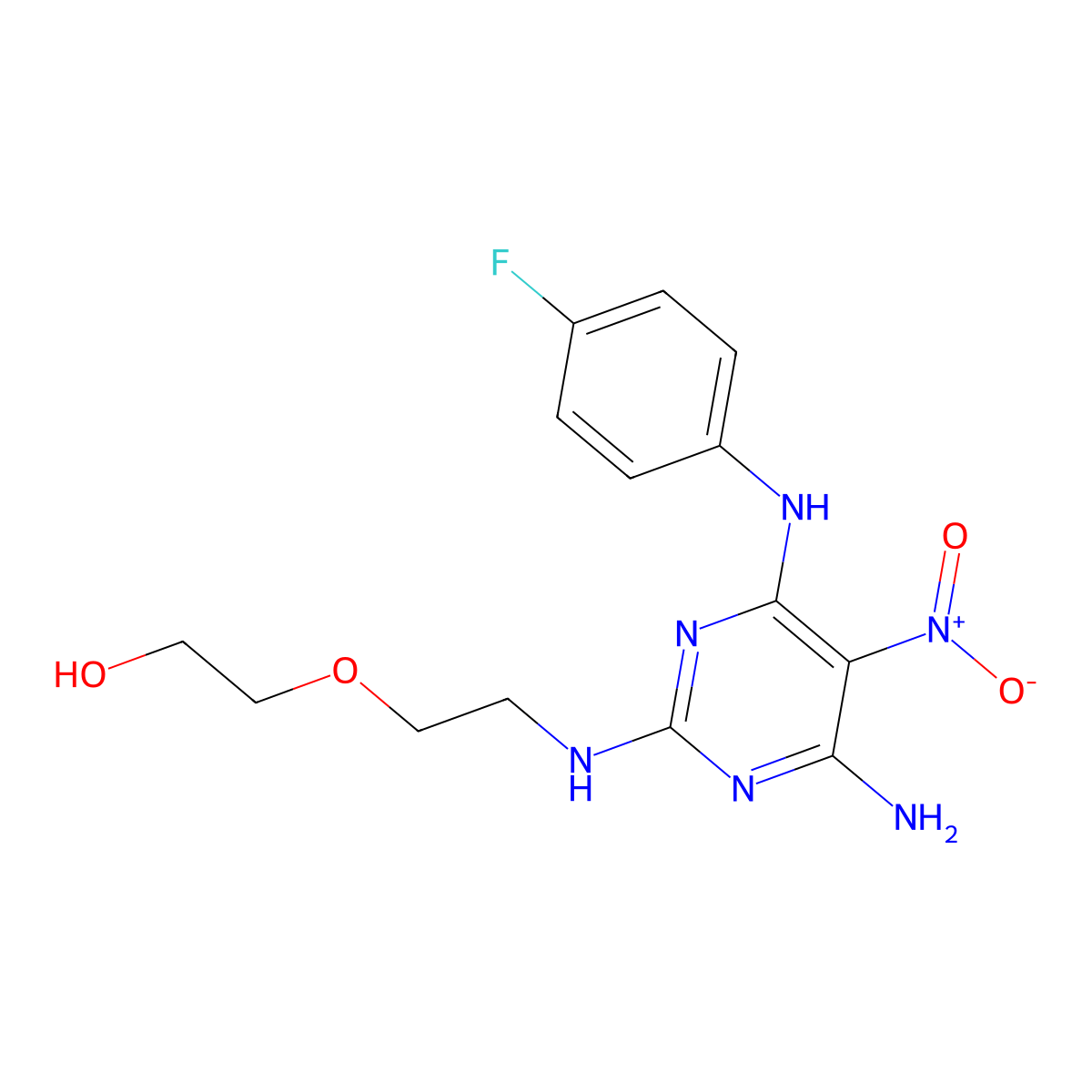 2-(2-((4-Amino-6-((4-fluorophenyl)amino)-5-nitropyrimidin-2-yl)amino)ethoxy)ethanol molecular structure, CAS 835908-22-0