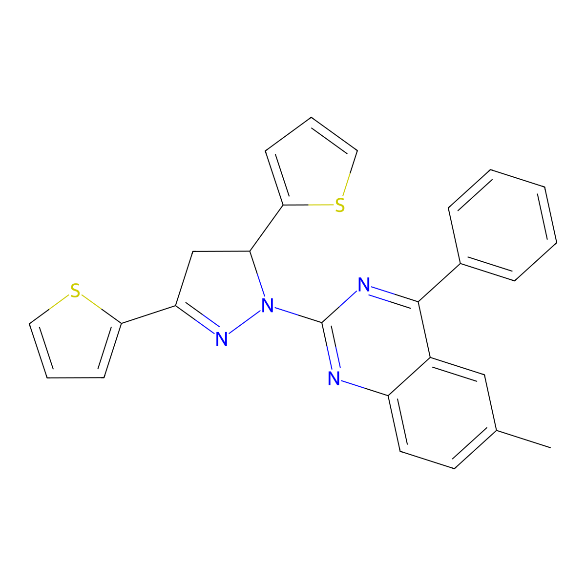 2-(3,5-di(thiophen-2-yl)-4,5-dihydro-1H-pyrazol-1-yl)-6-methyl-4-phenylquinazoline molecular structure, CAS 835910-36-6