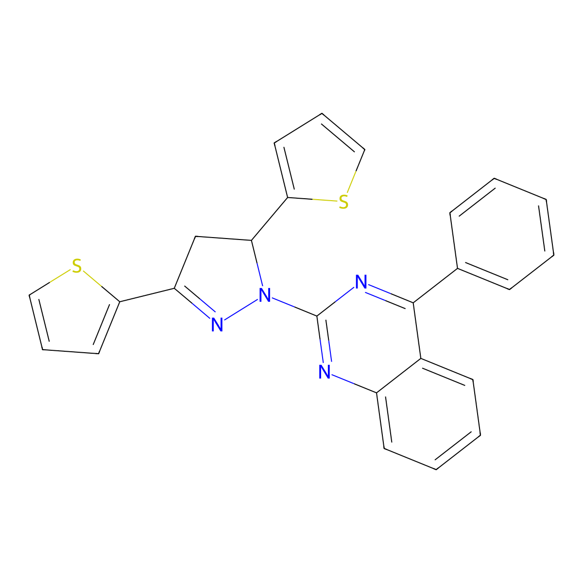 2-(3,5-di(thiophen-2-yl)-4,5-dihydro-1H-pyrazol-1-yl)-4-phenylquinazoline molecular structure, CAS 835910-85-5