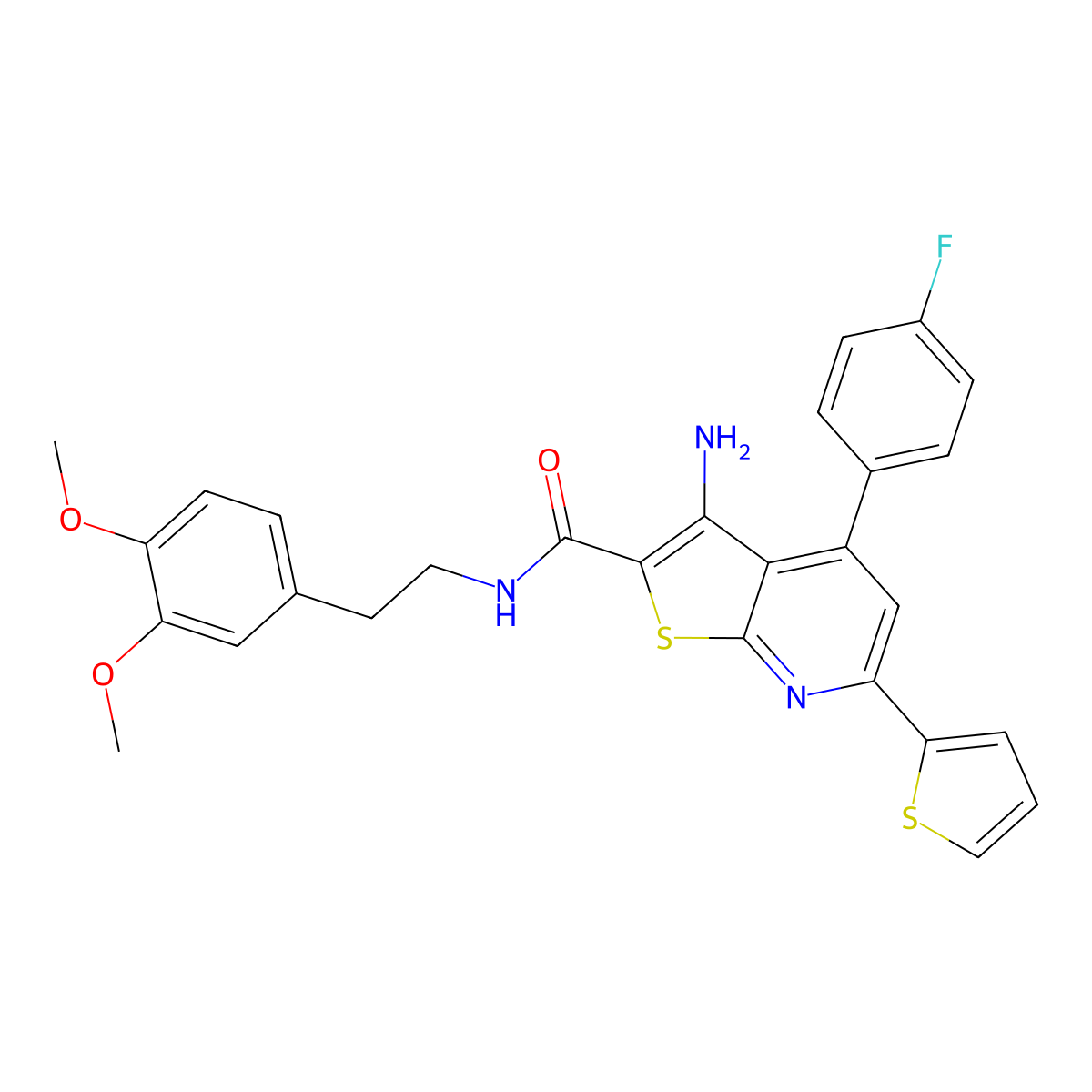 3-amino-N-(3,4-dimethoxyphenethyl)-4-(4-fluorophenyl)-6-(thiophen-2-yl)thieno[2,3-b]pyridine-2-carboxamide molecular structure, CAS 835911-58-5