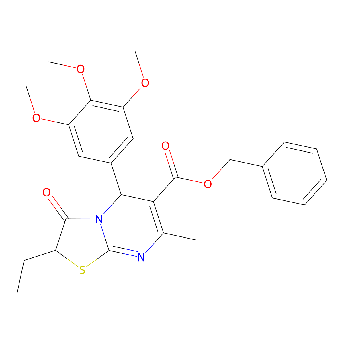 benzyl 2-ethyl-7-methyl-3-oxo-5-(3,4,5-trimethoxyphenyl)-2,3-dihydro-5H-[1,3]thiazolo[3,2-a]pyrimidine-6-carboxylate molecular structure, CAS 835911-78-9