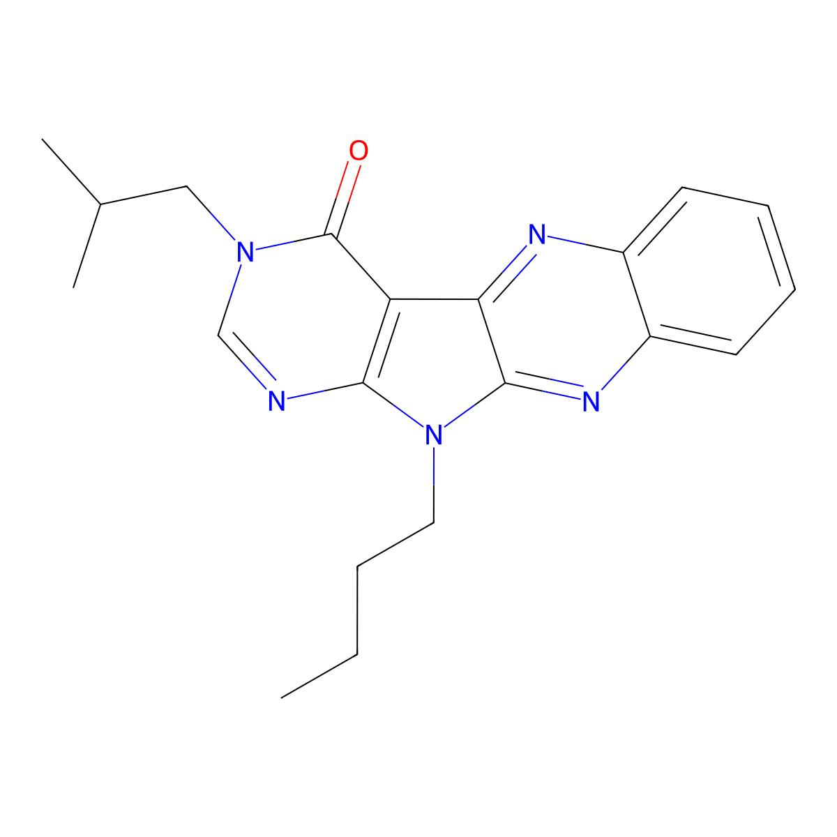 11-butyl-3-isobutyl-3H-pyrimido[5',4':4,5]pyrrolo[2,3-b]quinoxalin-4(11H)-one molecular structure, CAS 836624-65-8
